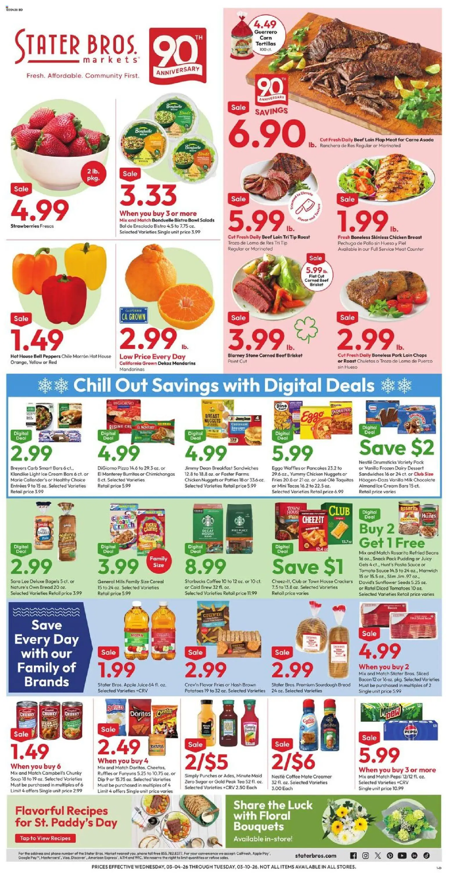 Ad Preview of Stater Bros Stater Bros Weekly Ad from 03/04/2026 - Tea, Tomatoes, Cereal, Corn, Beans, Tortillas, Sauce, Pork loin