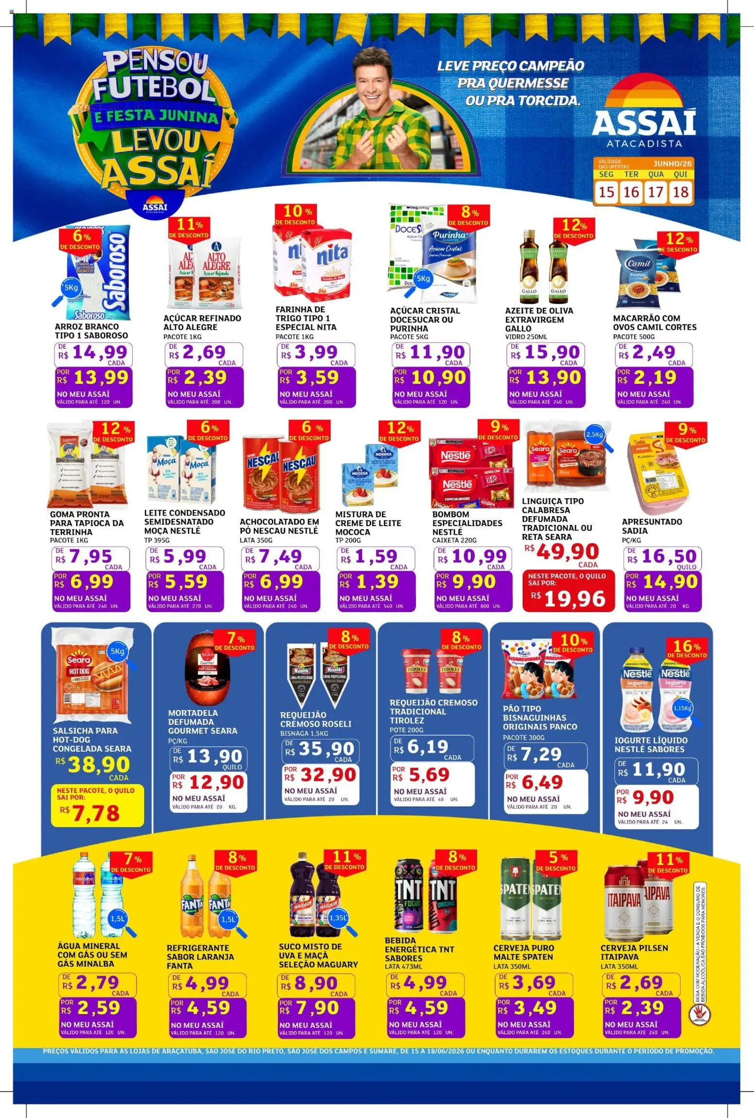 Pré-Visualização do folheto "Assaí Atacadista ofertas - SP" da loja Assaí Atacadista válido a partir de 15/06/2026 - Uva, Azeite, Mortadela, Pó, Linguiça, Achocolatado, Fanta, Açúcar cristal