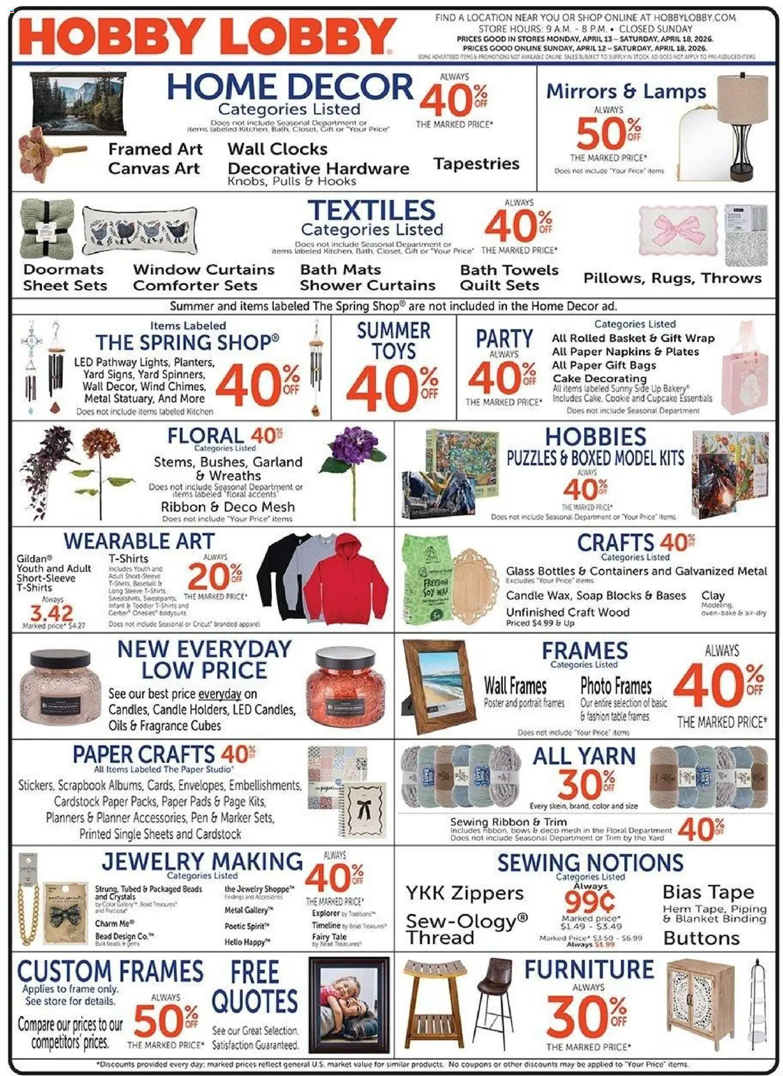 Ad Preview of Hobby Lobby Hobby Lobby Weekly Ad from 04/12/2026 - Canvas, Pads, Blanket, Shower, Yarn, Soap, Comforter, Fragrance