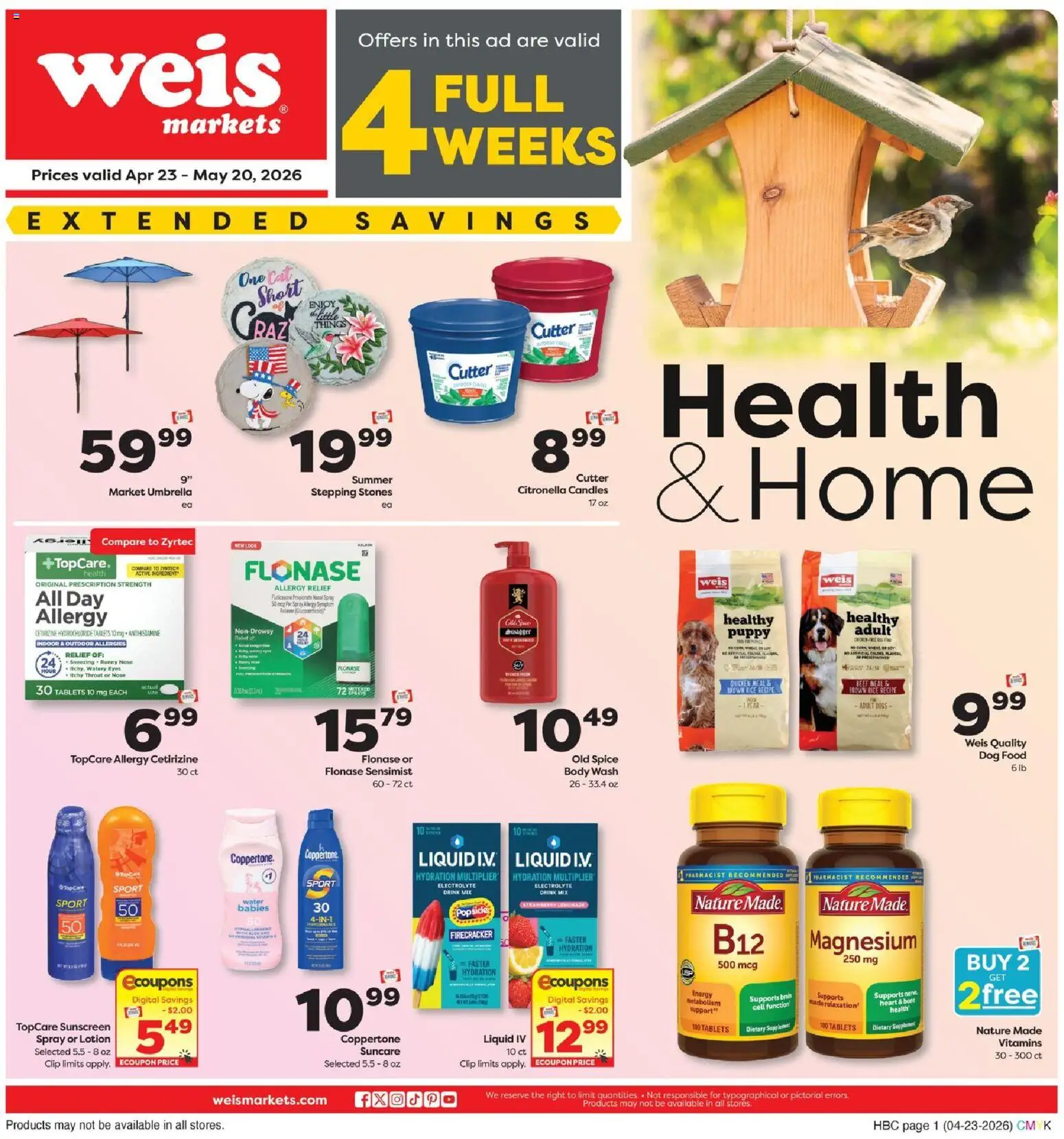 Ad Preview of Weis Weis Health & Home from 04/23/2026 - Water, Magnesium, Candles, Dog Food, Clip, Brown rice, Cutter, Chicken