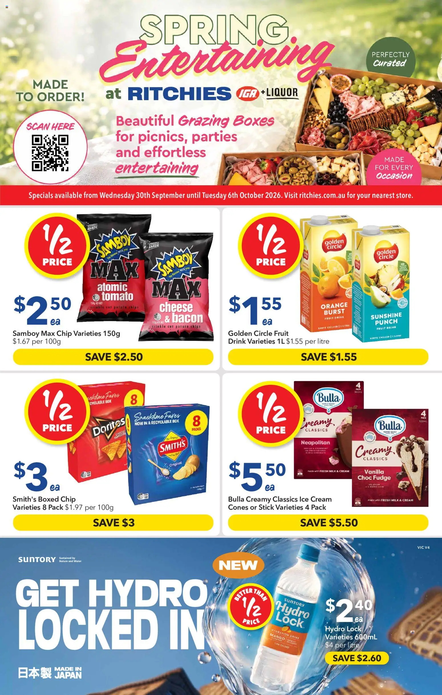 Preview of catalogue Ritchies catalogue Spring Entertaining from shop Ritchies valid 30/09/2026 - Box, Bacon, Milk, Cheese, Water, Tomato, Fruit, Ice