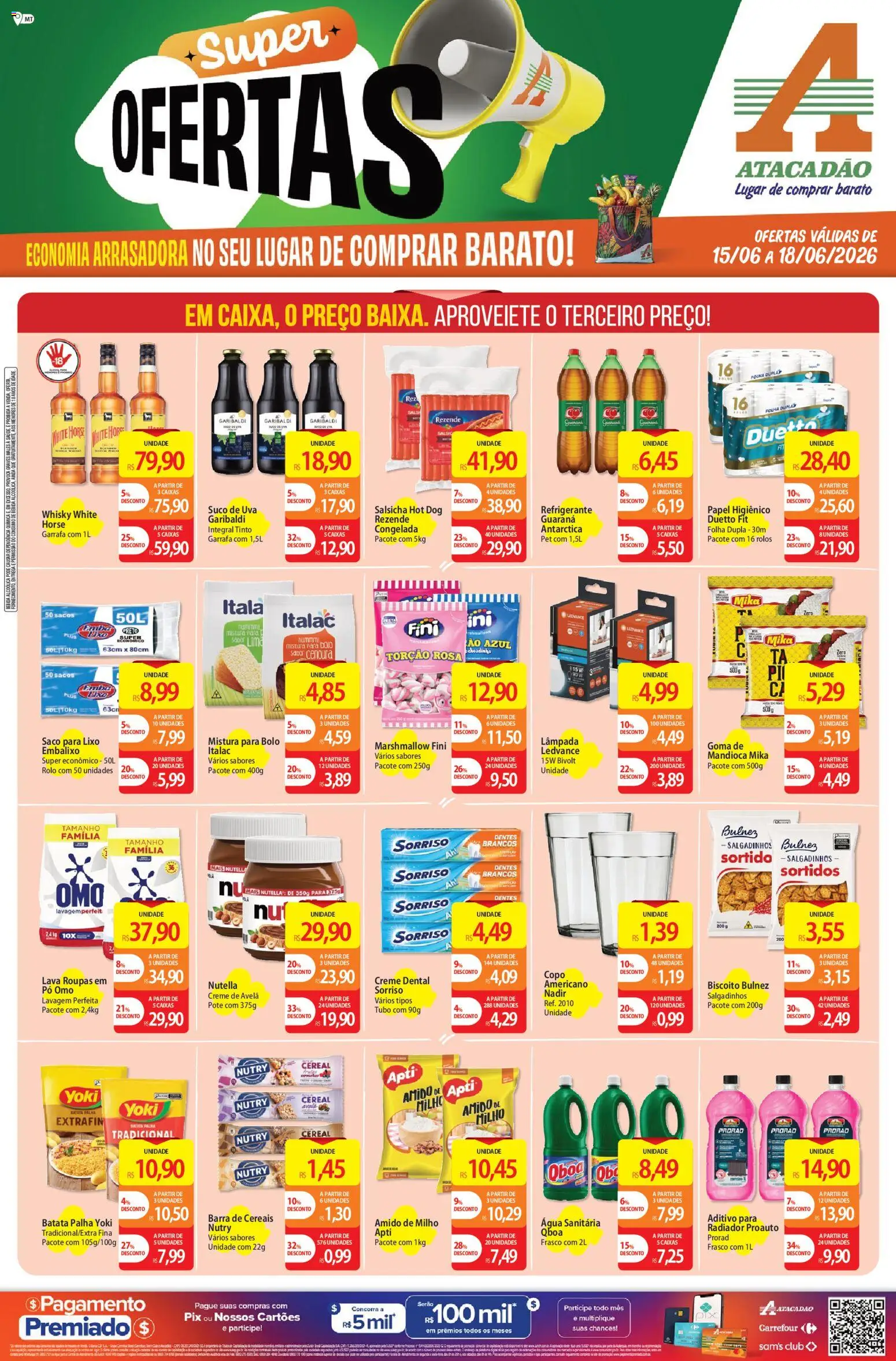 Pré-Visualização do folheto "Atacadão ofertas - MT" da loja Atacadão válido a partir de 15/06/2026 - Nutella, Salgadinhos, Bebida, Amido de milho, Creme dental, Rolo, Barra de cereais, Saco para lixo