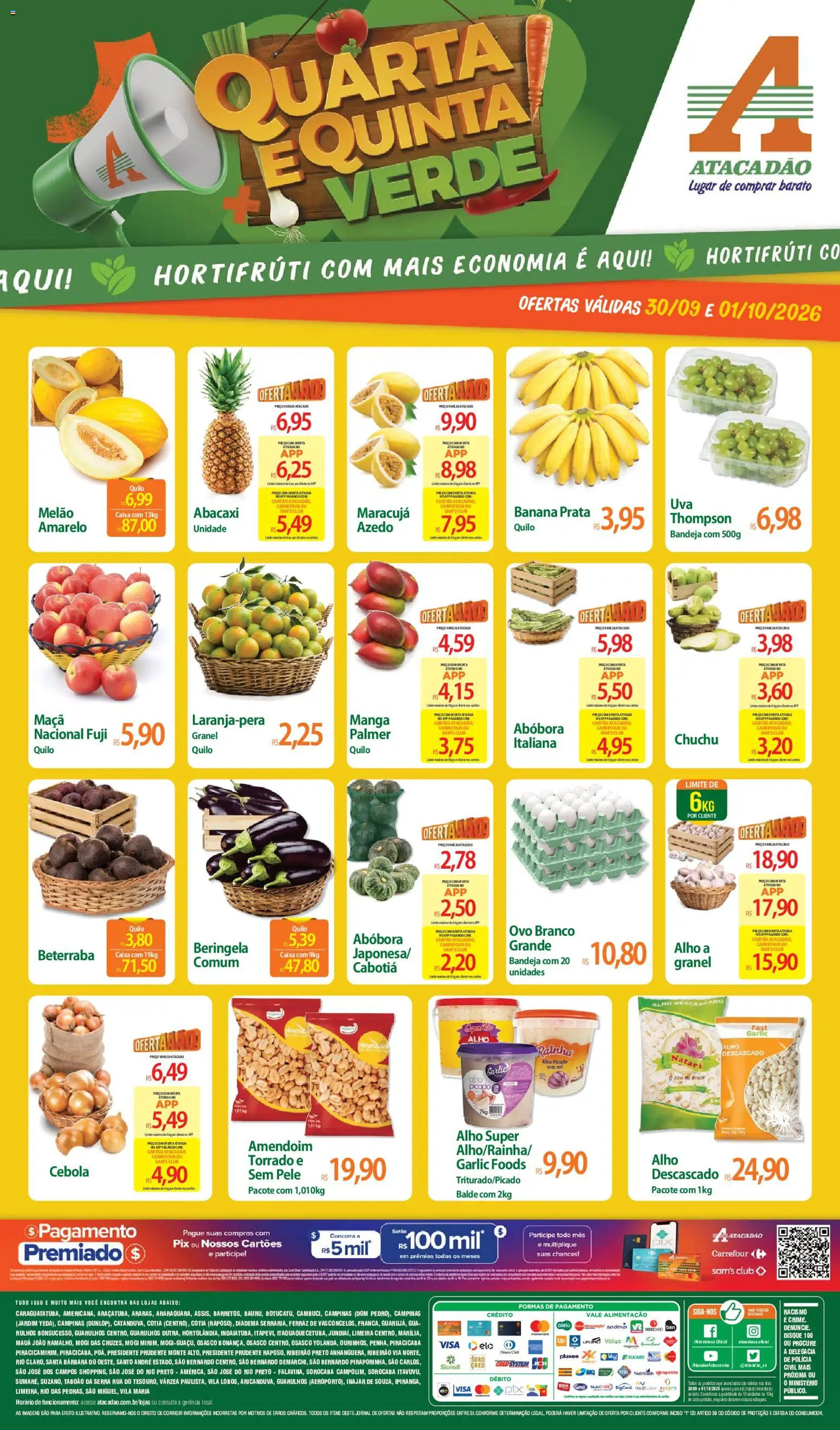 Pré-Visualização do folheto "Atacadão ofertas - SP" da loja Atacadão válido a partir de 30/09/2026 - Caixa, Manga, Porta, Amendoim, Chuchu, Abóbora, Melão, Alho