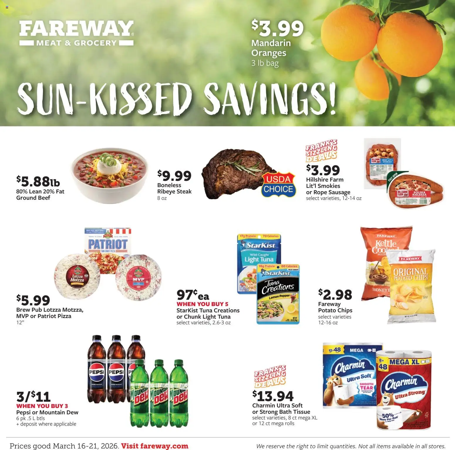 Ad Preview of Fareway Fareway Weekly Ad from 03/16/2026 - Pizza, Chips, Honey, Protein, Tuna, Beef, Bag, Kettle