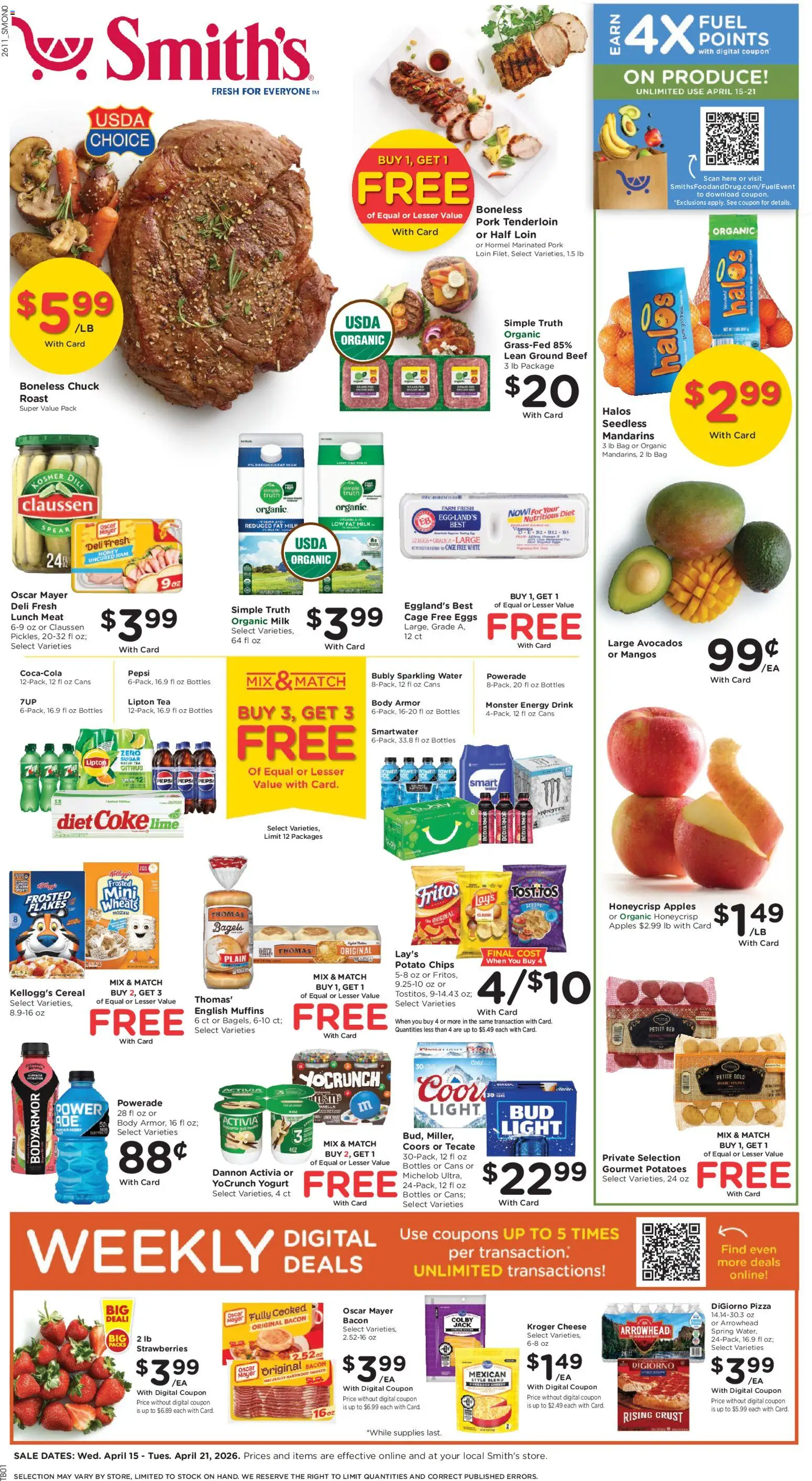 Ad Preview of Smith's Smith's Weekly Ad - NM from 04/15/2026 - Pizza, Eggs, Honey, Cereal, Energy drink, Beef, Pork tenderloin, Pork loin