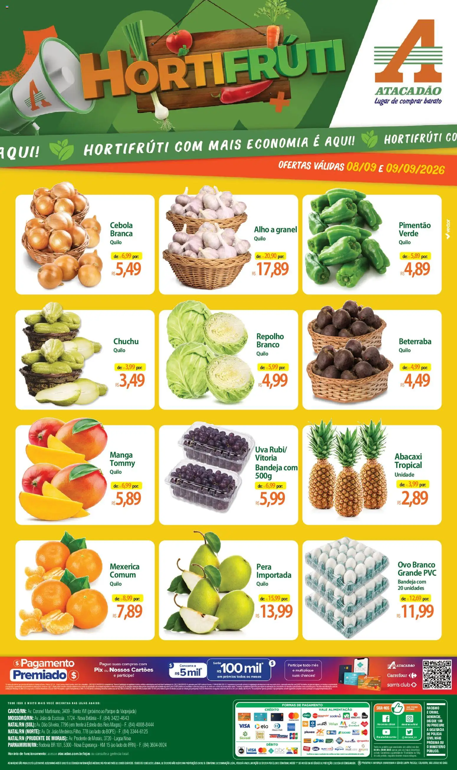 Pré-Visualização do folheto "Atacadão ofertas - RN" da loja Atacadão válido a partir de 08/09/2026 - Manga, Uva, Chuchu, Beterraba, Mexerica, Cebola, Alho, Pimentão
