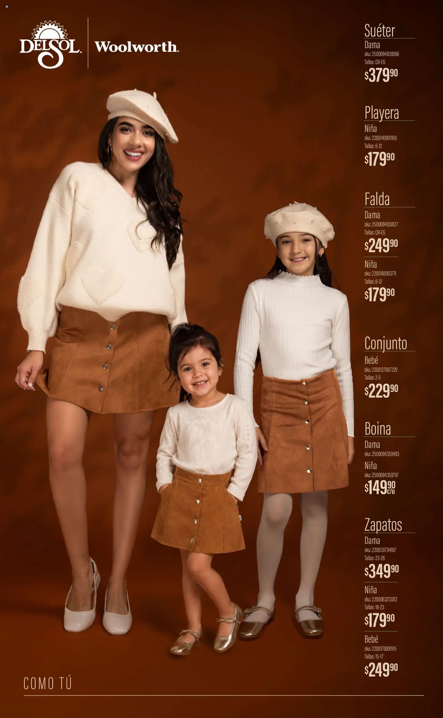 Vista previa las ofertas de la tienda Del Sol y Woolworth - Del Sol y Woolworth catálogo Luce el Otoño desde el 01/10/2026 - Zapatos, Playera, Suéter, Conjunto, Boina, Falda