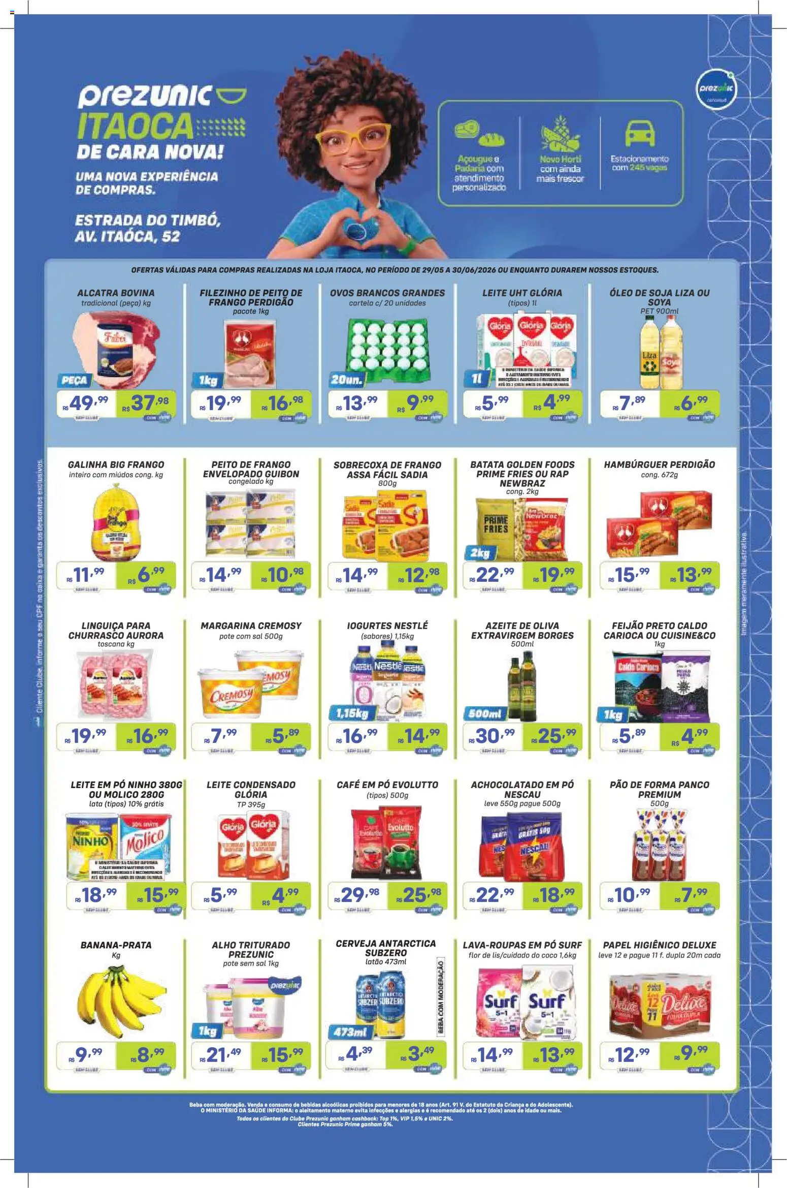 Pré-Visualização do folheto "Prezunic ofertas Itaoca" da loja Prezunic válido a partir de 29/05/2026 - Sal, Papel higiênico, Leite em pó, Alcatra, Alho, Margarina, Cará, Achocolatado