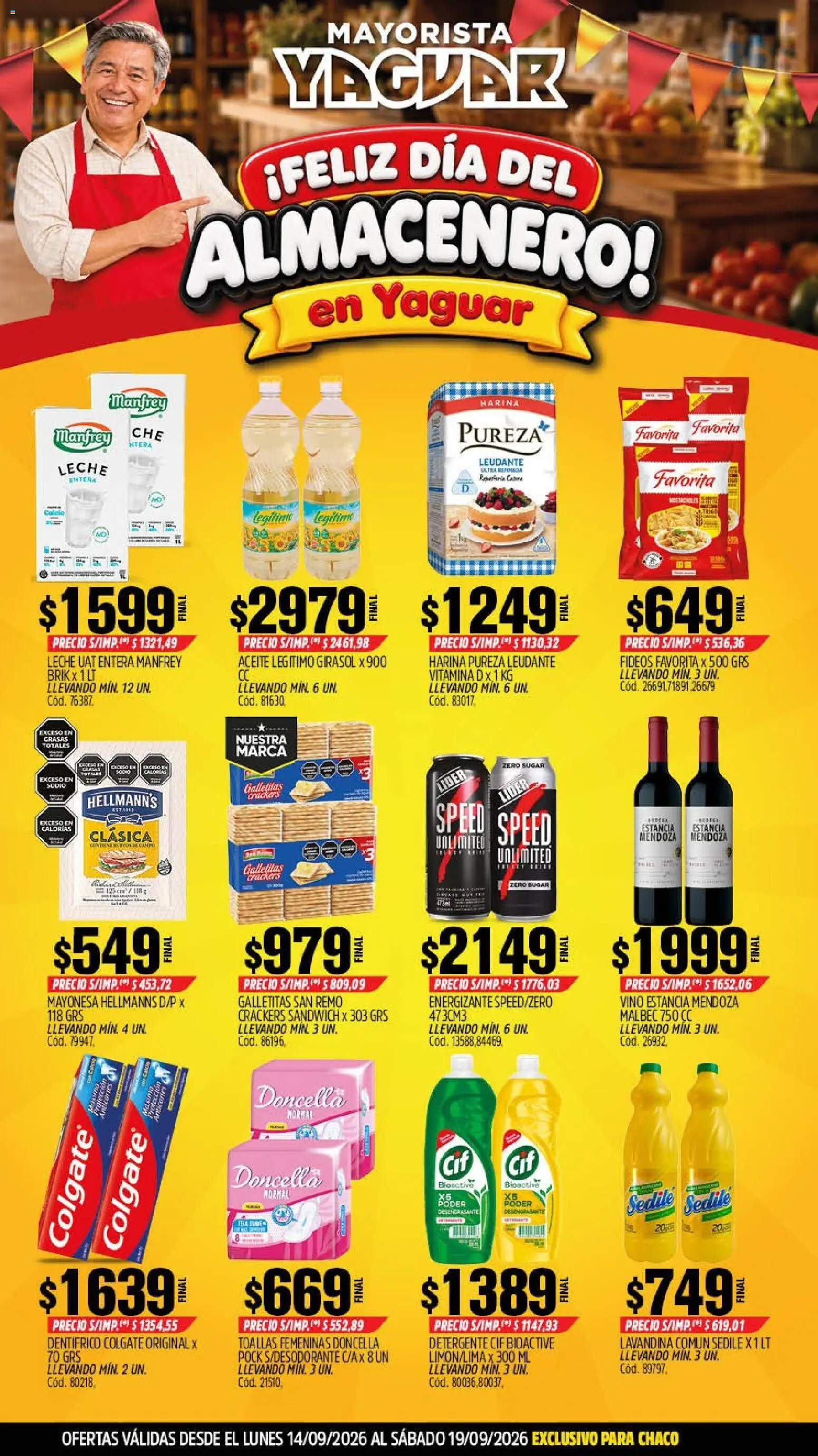 Vista previa del folleto de la tienda Yaguar válido desde el 14/09/2026 - Vino, Galletitas, Aceite, Harina, Fideos, Lavandina, Toallas, Mayonesa