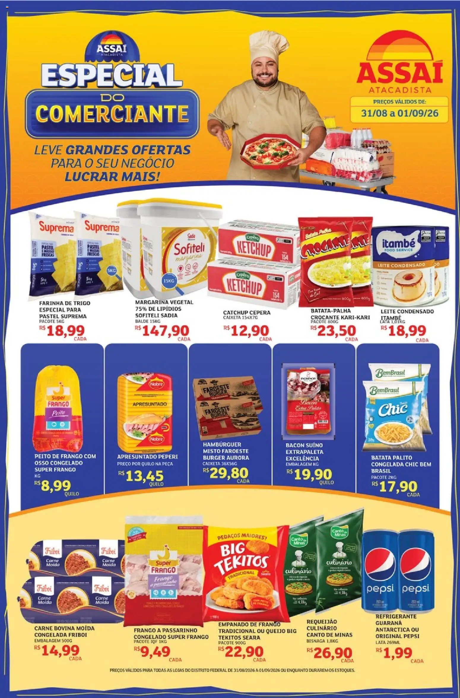Pré-Visualização do folheto "Assaí Atacadista ofertas - DF" da loja Assaí Atacadista válido a partir de 31/08/2026 - Hambúrguer, Batata, Frango, Refrigerante, Bacon, Farinha, Guaraná, Margarina