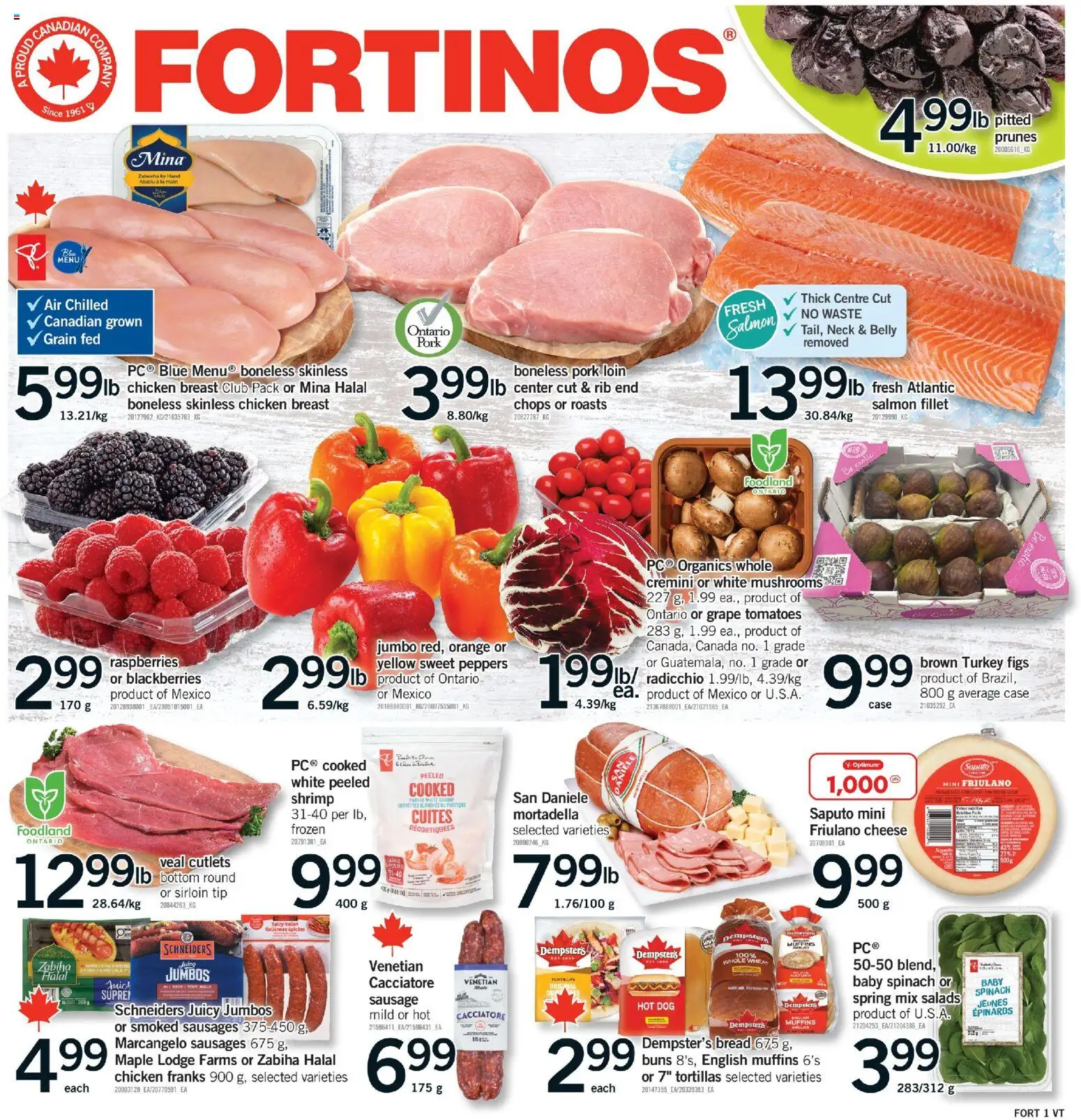 Preview of leaflet Fortinos weekly flyer - Etobicoke from shop Fortinos is valid from Apr 16, 2026 - Chicken, Cheese, Bread, Juice, Sausages, Spinach, Case, Pork loin