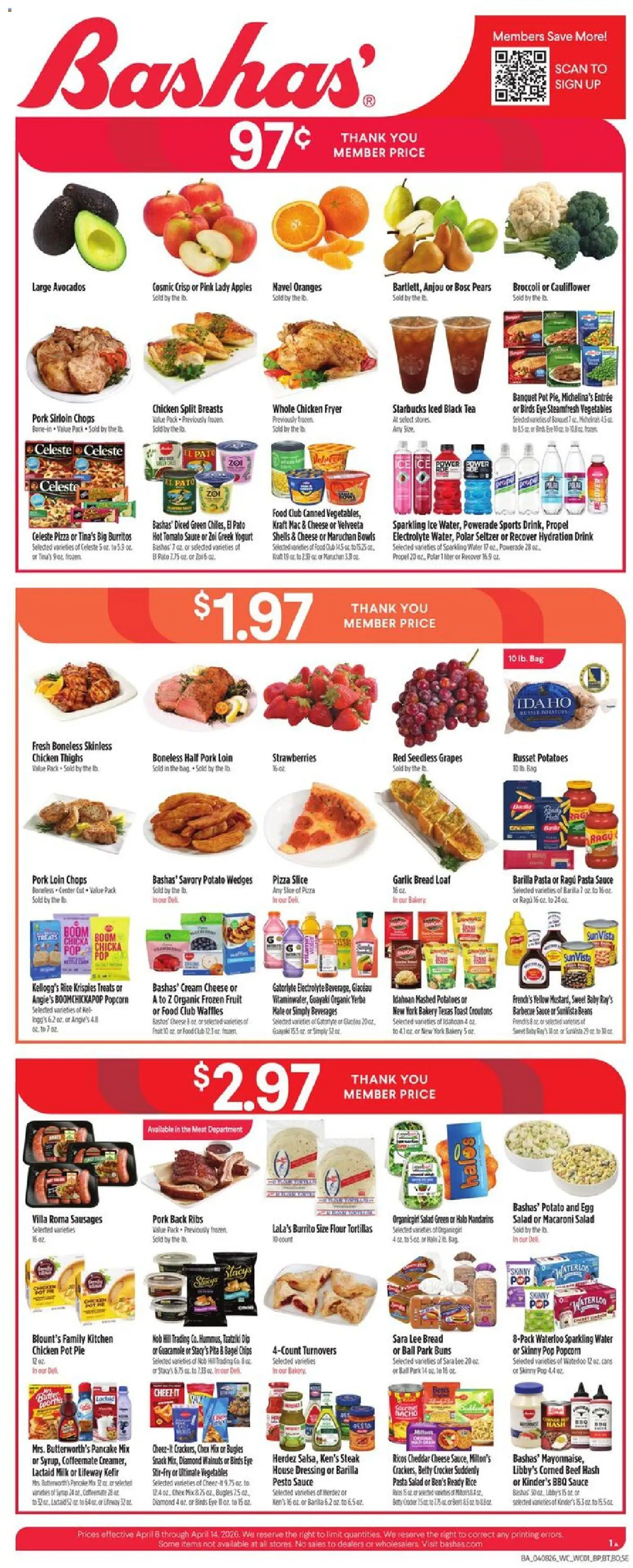 Ad Preview of Basha's Basha's Weekly Ad from 04/08/2026 - Bakery, Salad, Broccoli, Bread, Dressing, Yogurt, Tomato, Pork