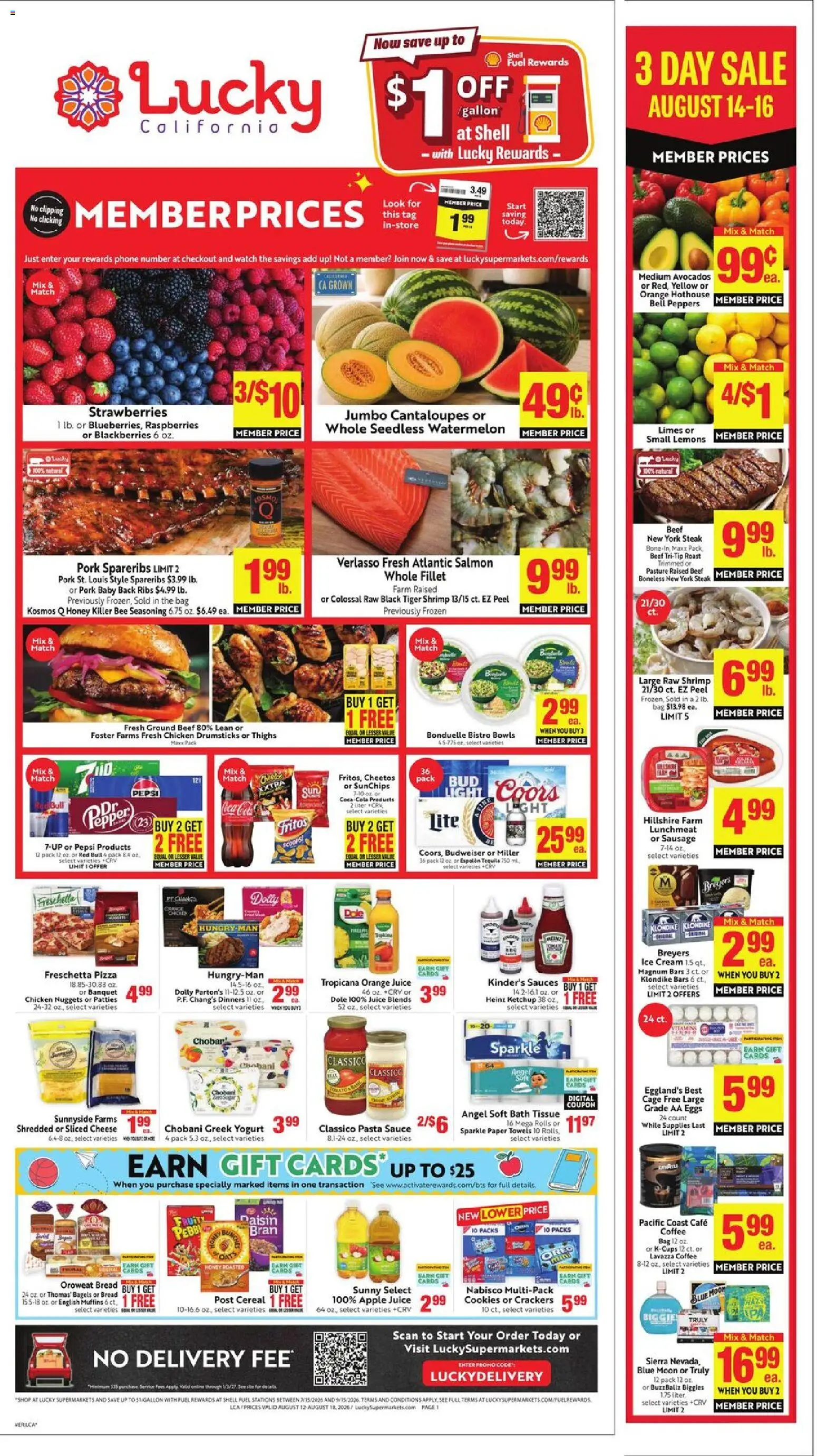 Ad Preview of Lucky Supermarkets Lucky Supermarkets Weekly Ad from 08/12/2026 - Fruit, Red Bull, Yogurt, Juice, Sausage, Ketchup, Rum, Sauce