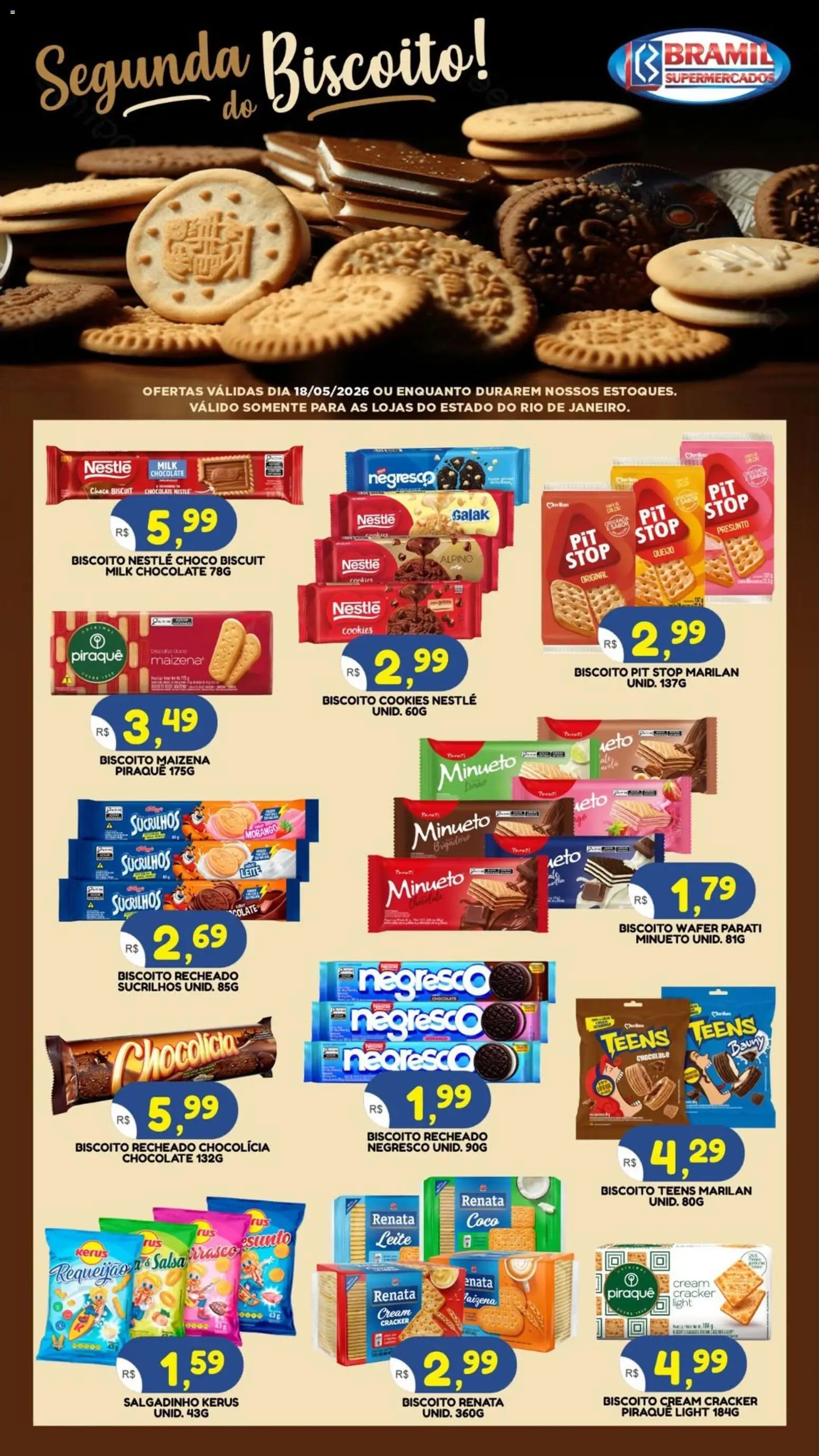 Pré-Visualização do folheto "Bramil Supermercados ofertas Segunda do Biscoito" da loja Bramil Supermercados válido a partir de 18/05/2026