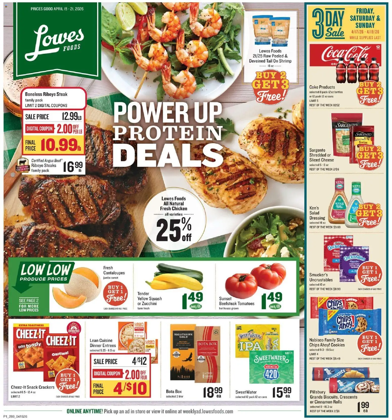 Ad Preview of Lowes Foods Lowes Foods Weekly Ad - GA from 04/15/2026 - Cookies, Box, Salad, Protein, Cantaloupes, Beef, Sliced cheese, Chicken