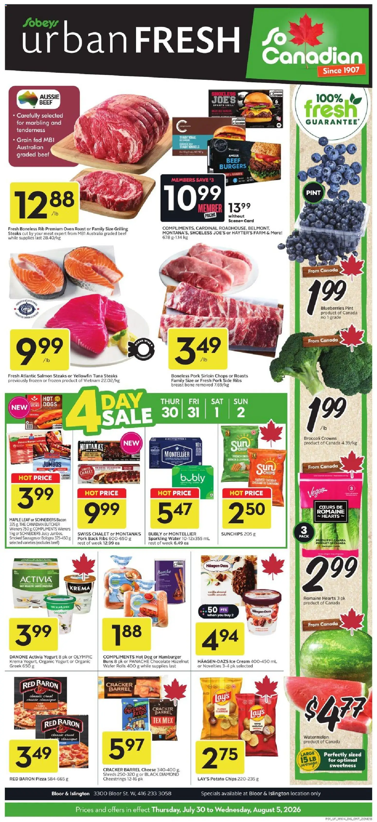 Preview of leaflet Sobeys weekly flyer / circulaire from shop Sobeys is valid from Jul 30, 2026 - Cheese, Ice, Meat, Broccoli, Watermelon, Grill, Tuna, Vanilla