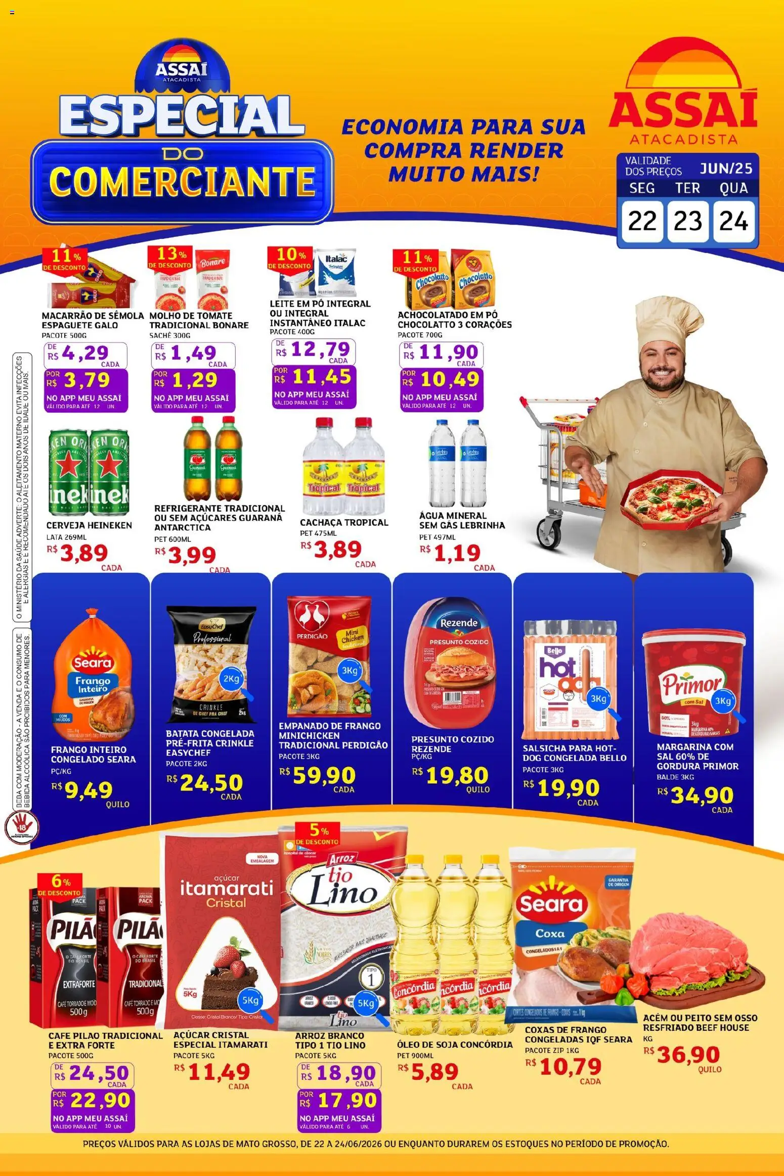 Pré-Visualização do folheto "Assaí Atacadista ofertas - MT" da loja Assaí Atacadista válido a partir de 22/06/2026 - Cerveja, Arroz, Batata, Tomate, Leite em pó, Molho de tomate, Espaguete, Café pilão