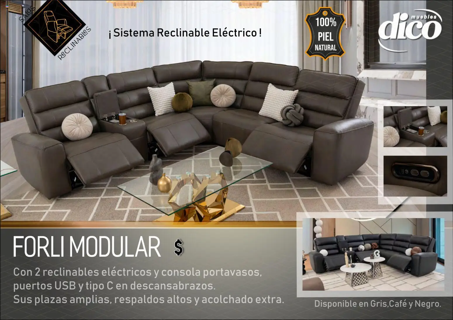 Vista previa las ofertas de la tienda Muebles Dico - Muebles Dico catálogo Salas reclinables desde el 27/03/2026 - Café, Usb, Modular, Acolchado