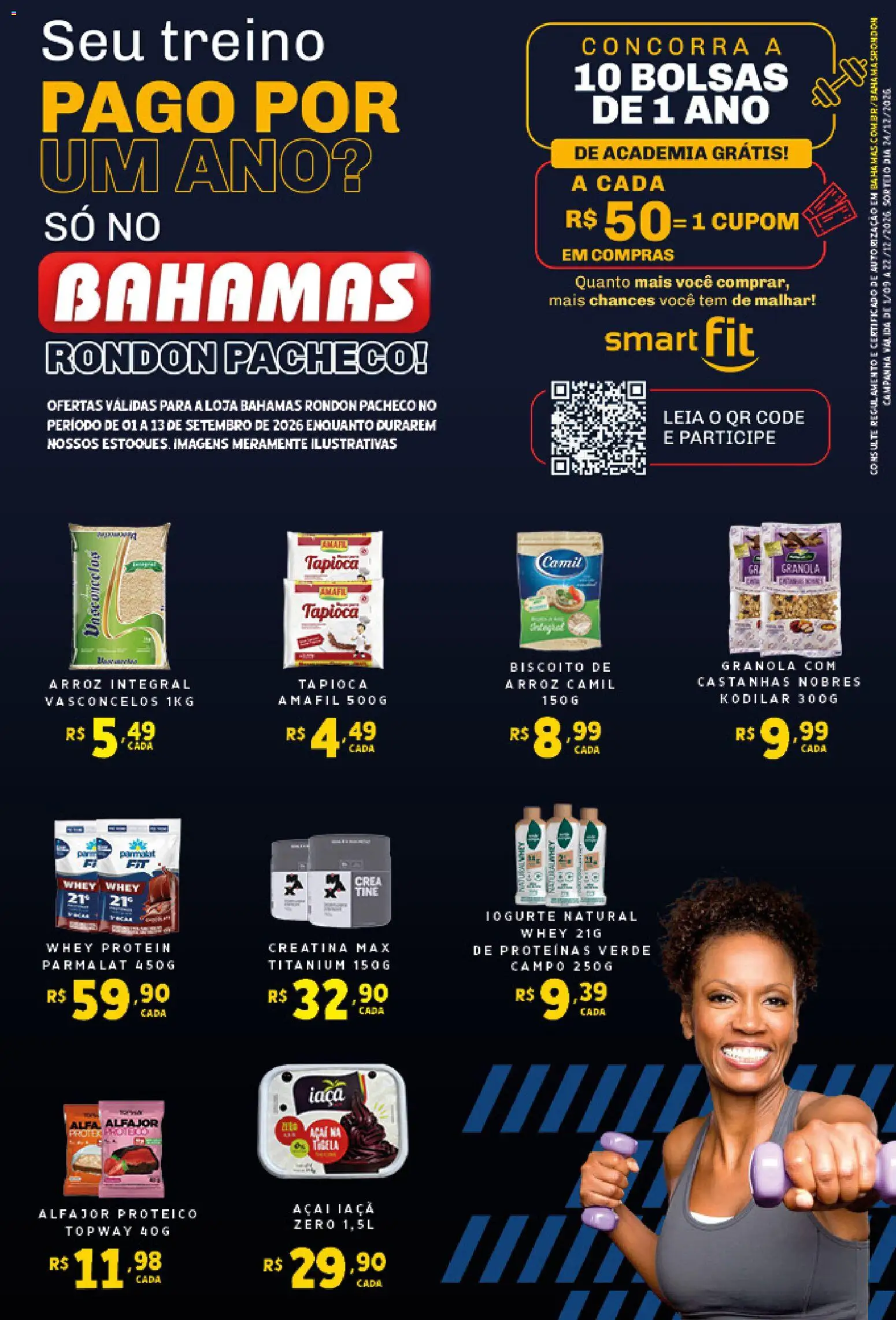 Pré-Visualização do folheto "Bahamas Supermercados ofertas Smart Fit" da loja Bahamas Supermercados válido a partir de 01/09/2026 - Whey protein, Açaí, Iogurte natural, Tapioca, Iogurte, Biscoito, Granola, Kodilar