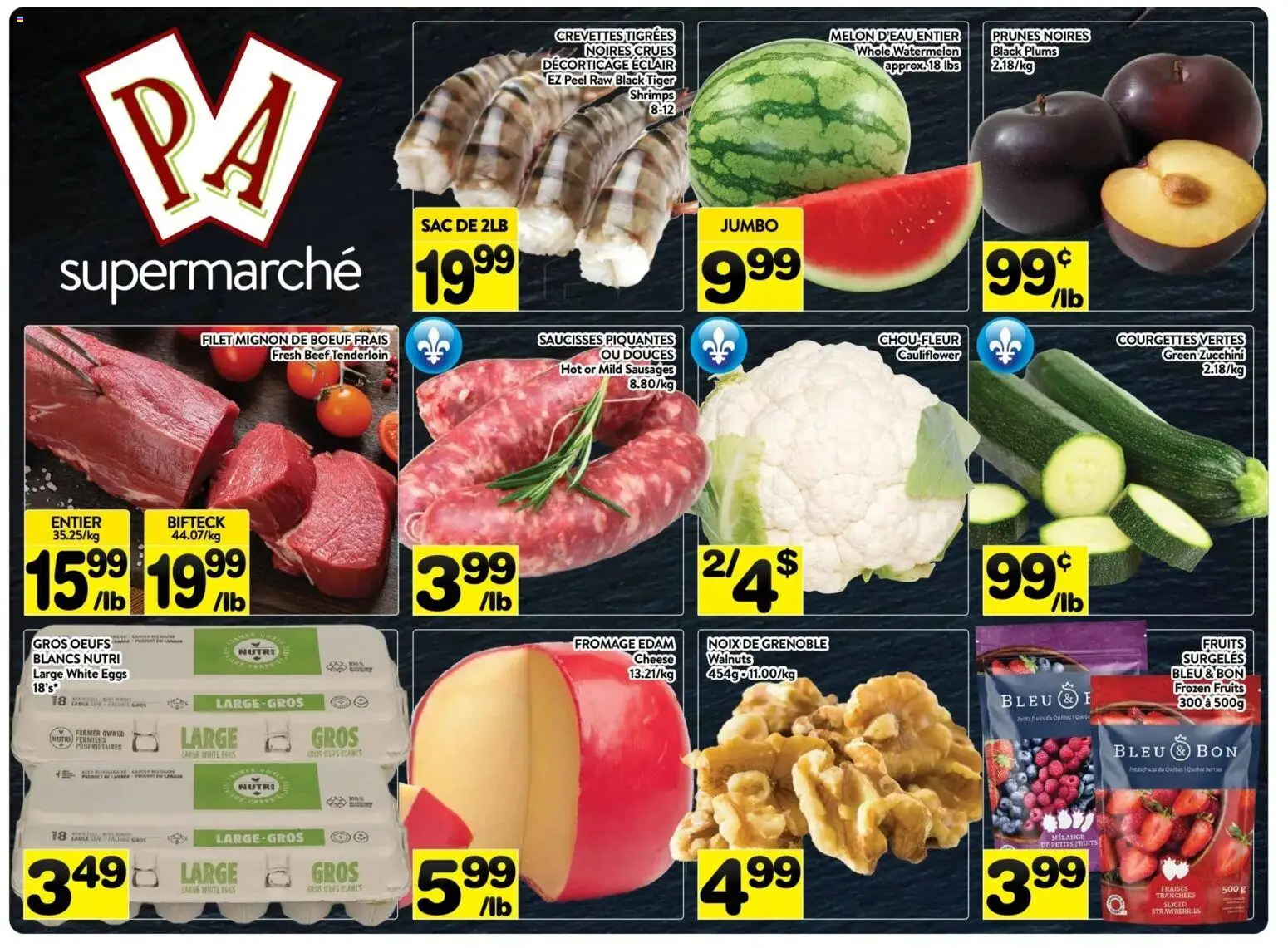 Preview of leaflet Pa Supermarché weekly flyer / circulaire from shop Pa Supermarché is valid from Jul 06, 2026 - Eggs, Cheese, Strawberries, Zucchini, Walnuts, Watermelon, Plums, Beef tenderloin