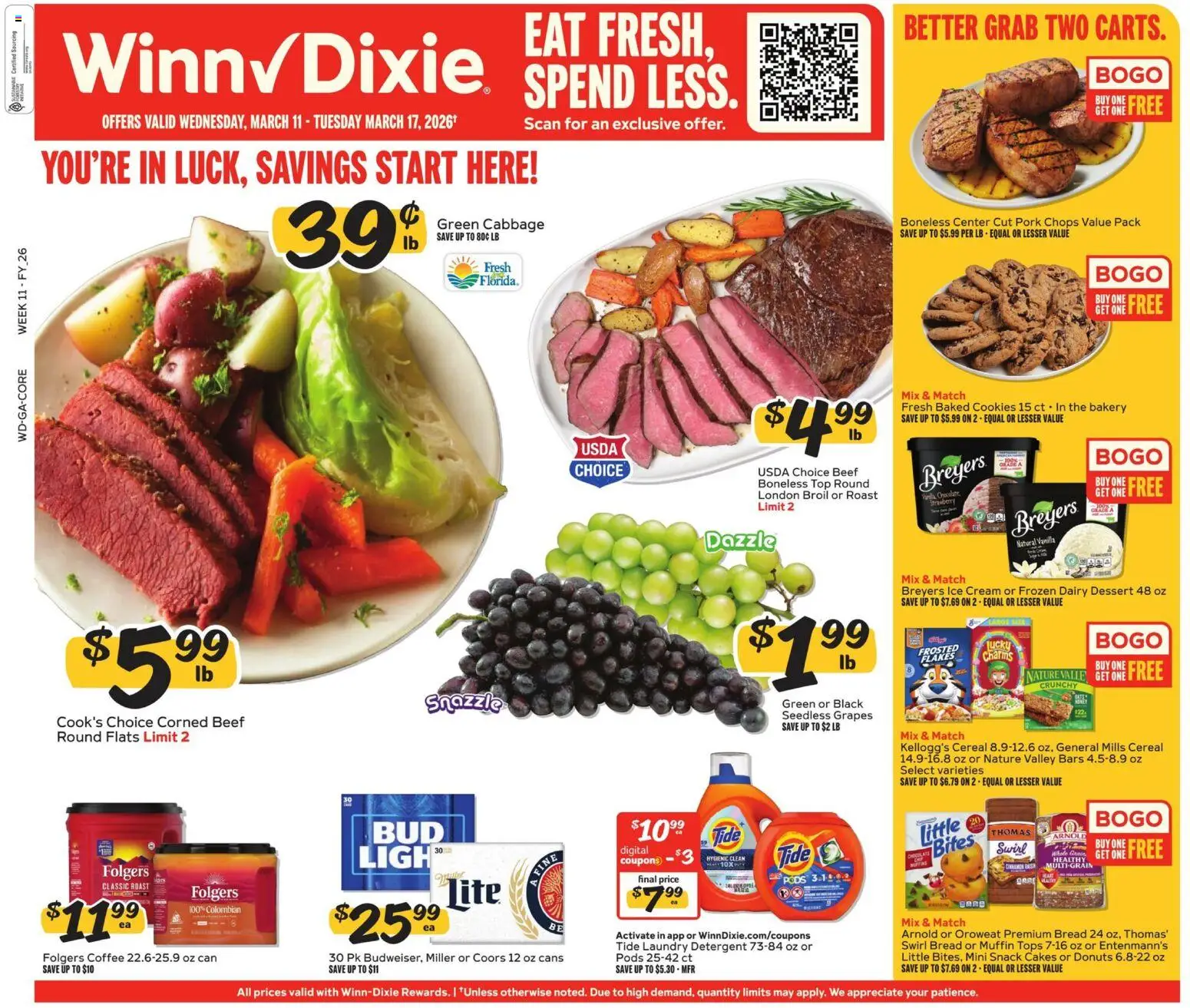 Ad Preview of Winn Dixie Winn Dixie Weekly Circular - GA from 03/11/2026 - Coffee, Dessert, Cookies, Ice, Bread, Laundry detergent, Muffin, Detergent