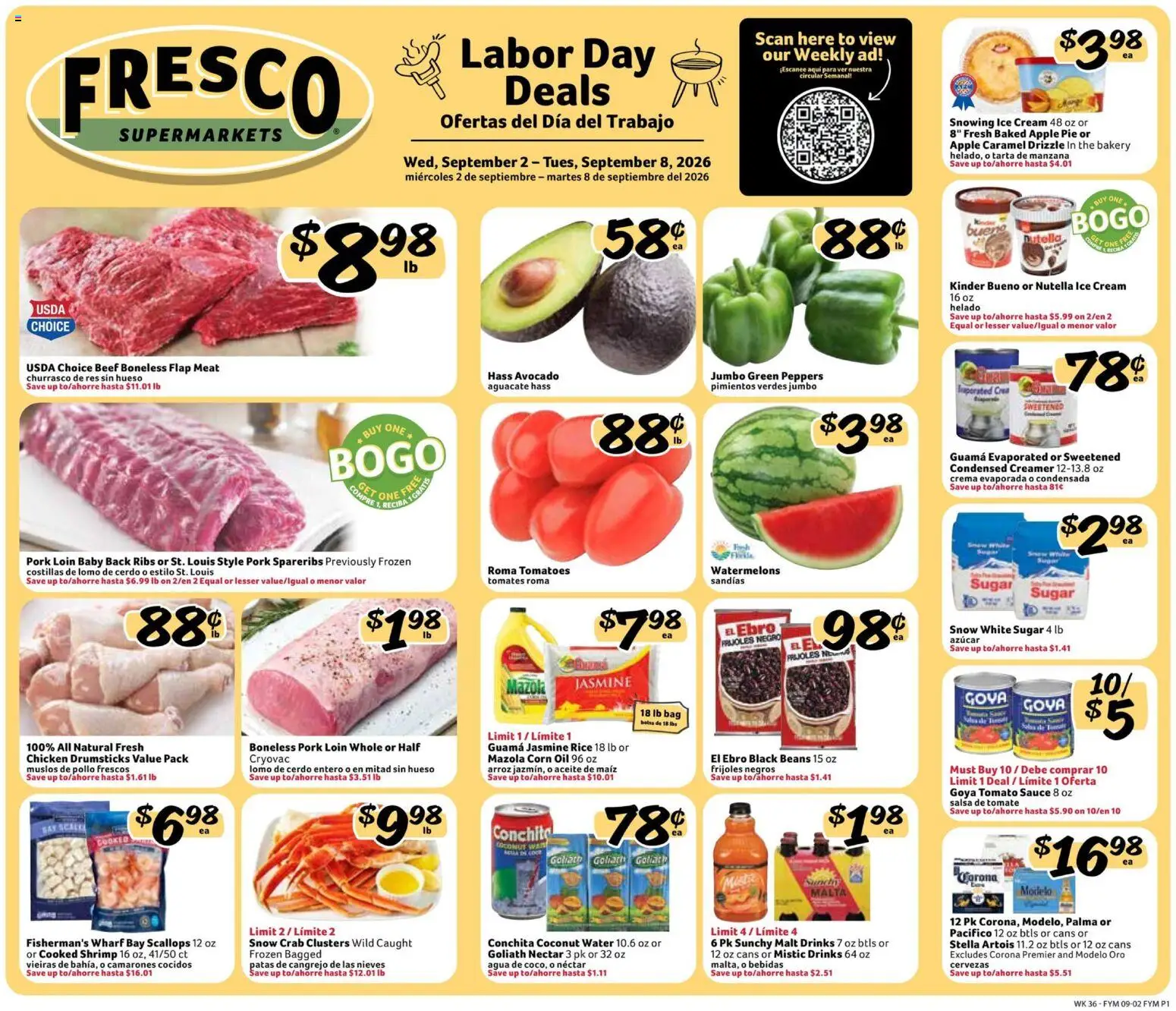 Ad Preview of Fresco y Más Fresco y Más Weekly Ad from 09/02/2026 - Bakery, Avocado, Tomatoes, Tomato, Sugar, Bag, Pork, Drumsticks