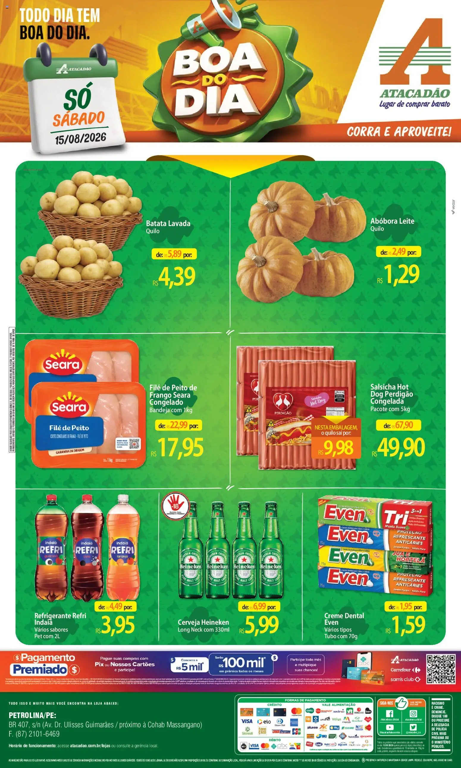 Pré-Visualização do folheto "Atacadão ofertas - PE" da loja Atacadão válido a partir de 15/08/2026 - Cerveja, Salsicha, Abóbora, Leite, Cerveja Heineken, Frango, Creme, Bandeja