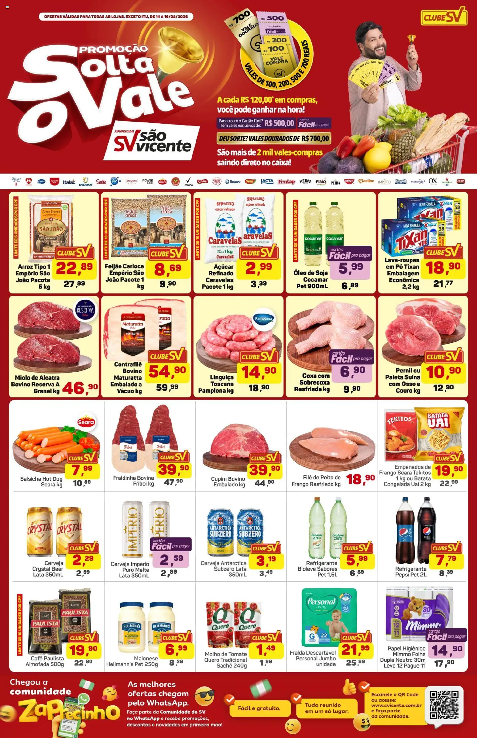Pré-Visualização do folheto "Supermercados São Vicente - Ofertas da semana" da loja Supermercados São Vicente válido a partir de 14/08/2026 - Cerveja, Feijão, Batata, Pepsi, Fraldinha, Pó, Molho de tomate, Faca