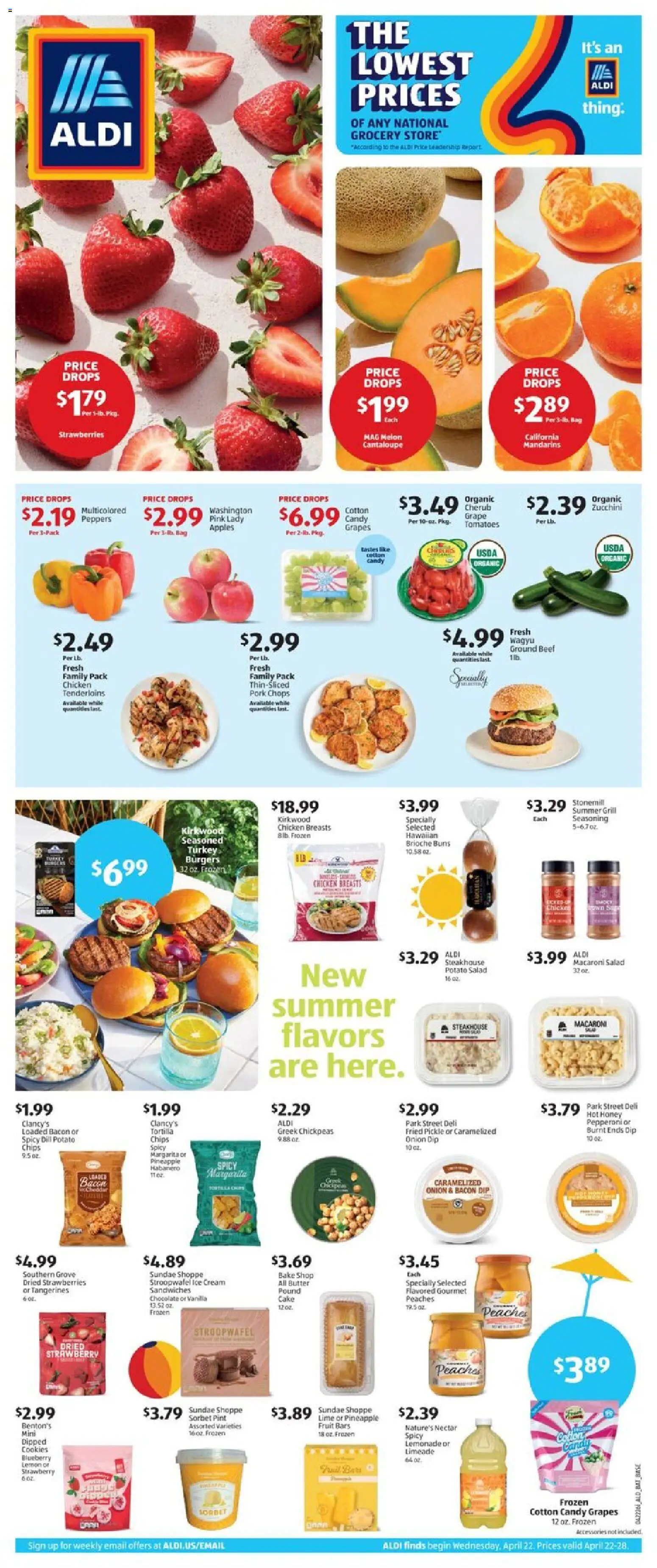 Ad Preview of Aldi Aldi Weekly Ad from 04/22/2026 - Apples, Ice cream, Cookies, Grill, Butter, Chicken breasts, Vanilla, Potato chips