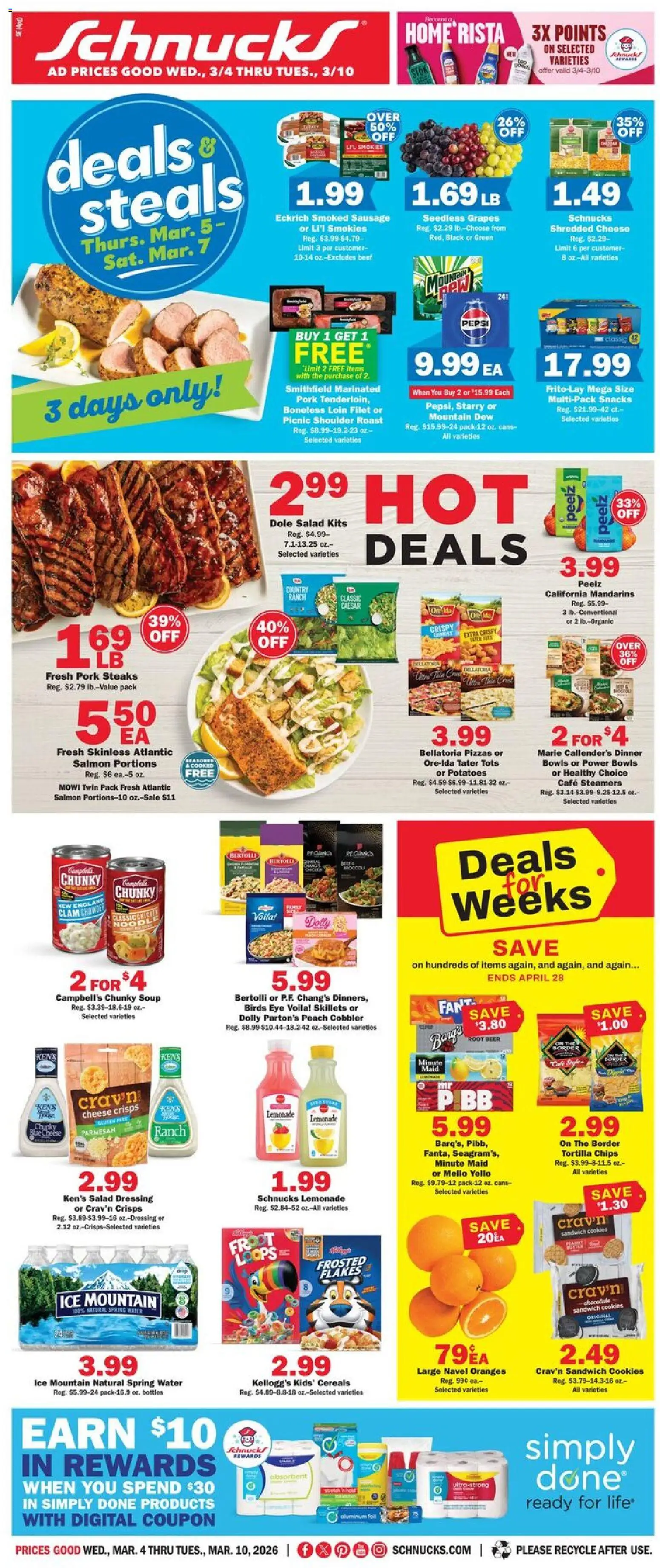 Ad Preview of Schnucks Weekly Print Ad - IN from 03/04/2026 - Cookies, Water, Salad, Dressing, Peach, Grapes, Filet, Seedless grapes