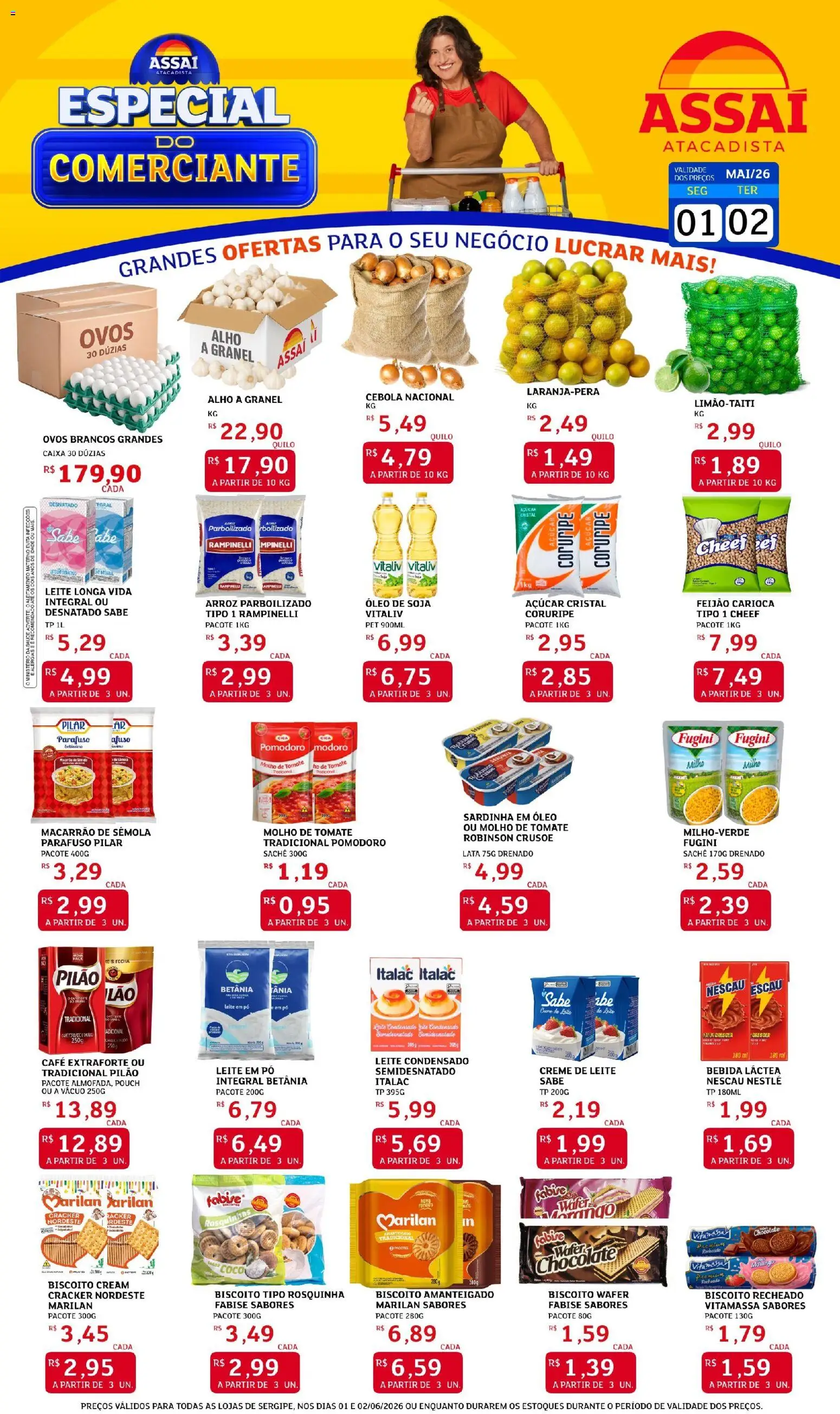 Pré-Visualização do folheto "Assaí Atacadista ofertas - SE" da loja Assaí Atacadista válido a partir de 01/06/2026 - Ovos, Óleo, Leite, Leite em pó, Cebola, Molho de tomate, Leite longa vida, Macarrão de sêmola