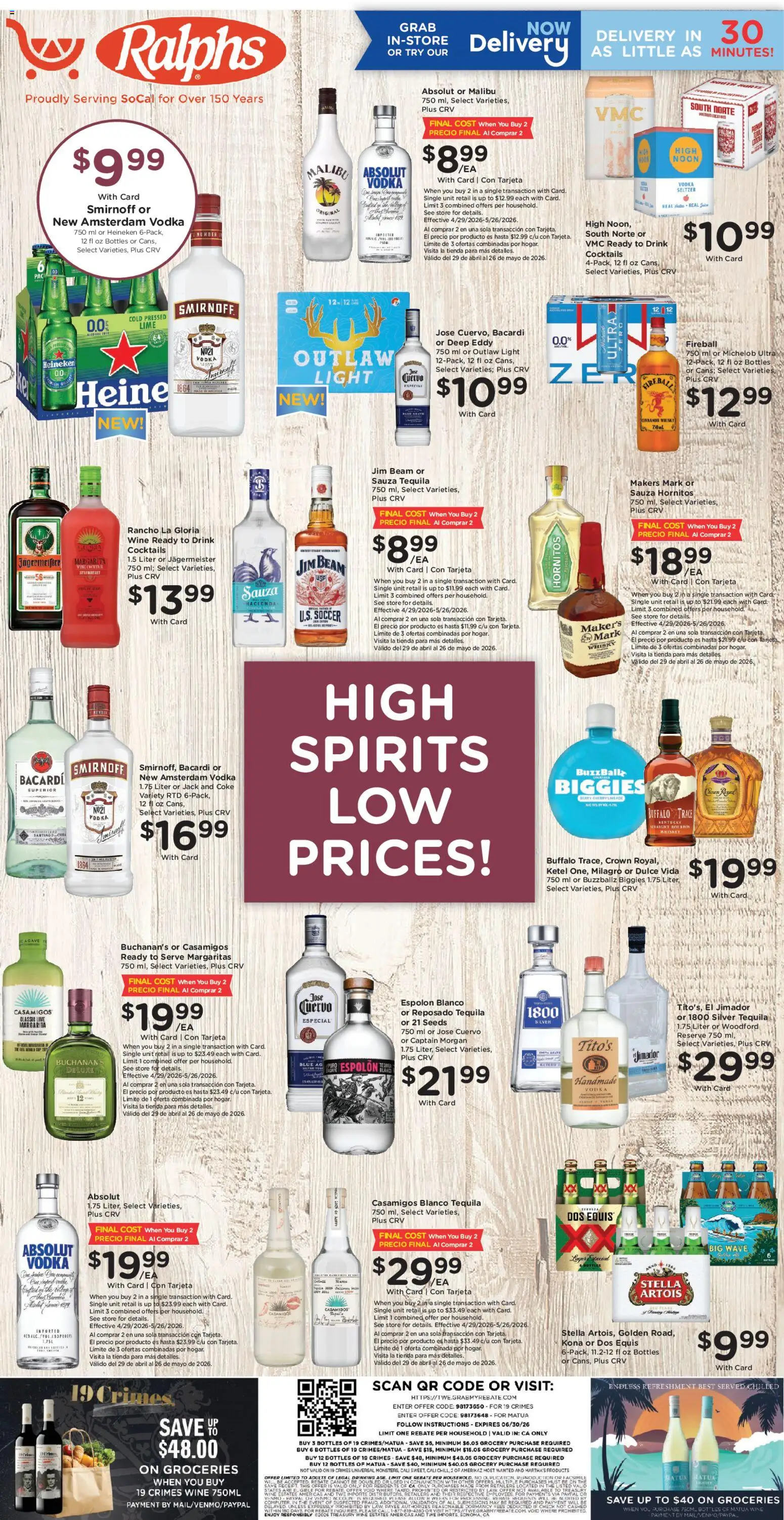 Ad Preview of Ralphs Ralphs Adult Beverage from 05/20/2026 - Groceries, Wine, Malibu, Agave, Vodka, Lime, Captain Morgan, Jim Beam