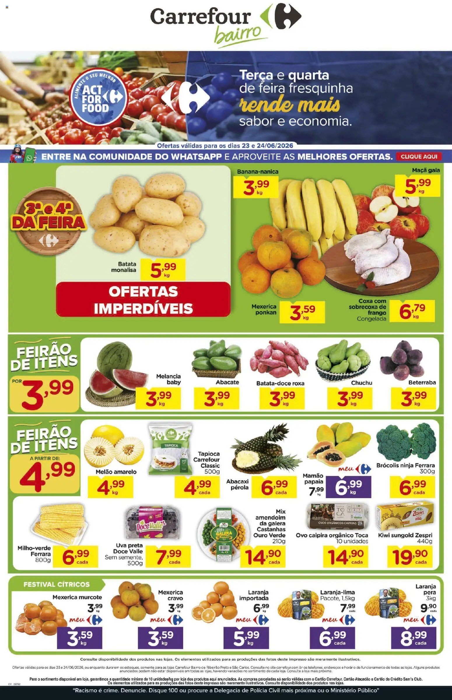 Pré-Visualização do folheto "Carrefour Bairro ofertas Feira" da loja Carrefour Bairro válido a partir de 23/06/2026 - Chuchu, Doce, Batata, Frango, Beterraba, Castanhas, Melão, Cítricos