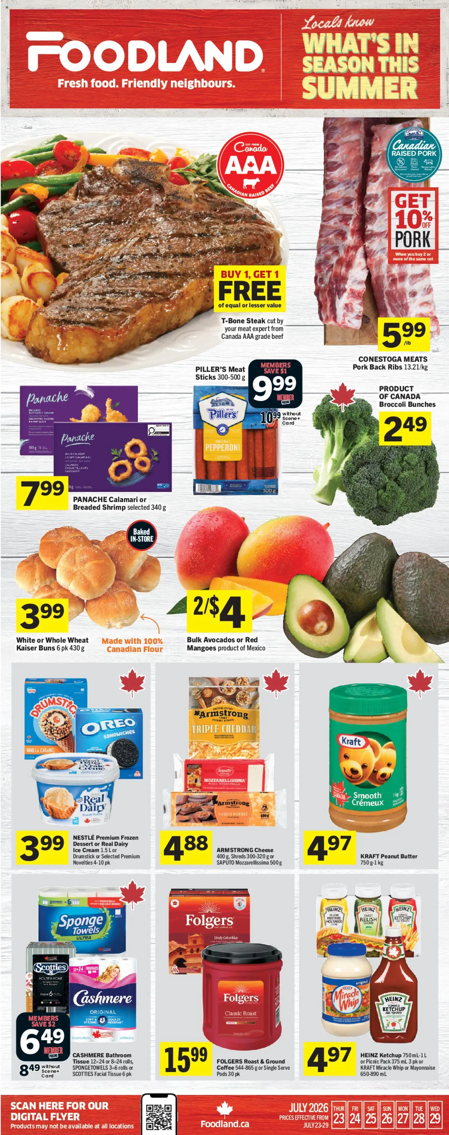 Preview of leaflet Foodland weekly flyer / circulaire from shop Foodland is valid from Jul 23, 2026 - Coffee, Dessert, Meat, Shrimp, Beef, Cream, Towels, Sponge