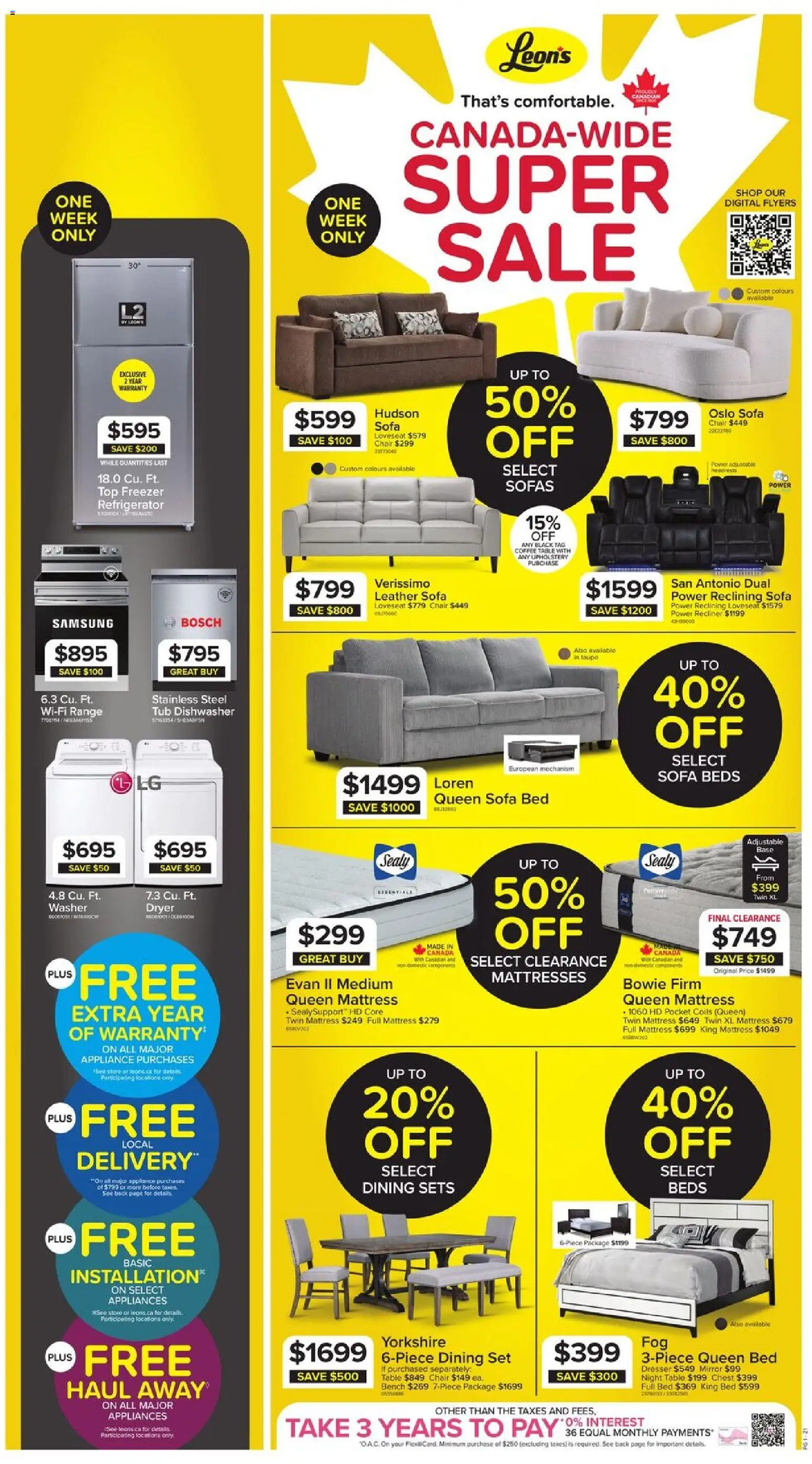 Preview of leaflet Leon's weekly flyer / circulaire from shop Leon's is valid from Jul 09, 2026 - Mattresses, Mattress, Dishwasher, Mirror, Refrigerator, Chair, Dryer, Table