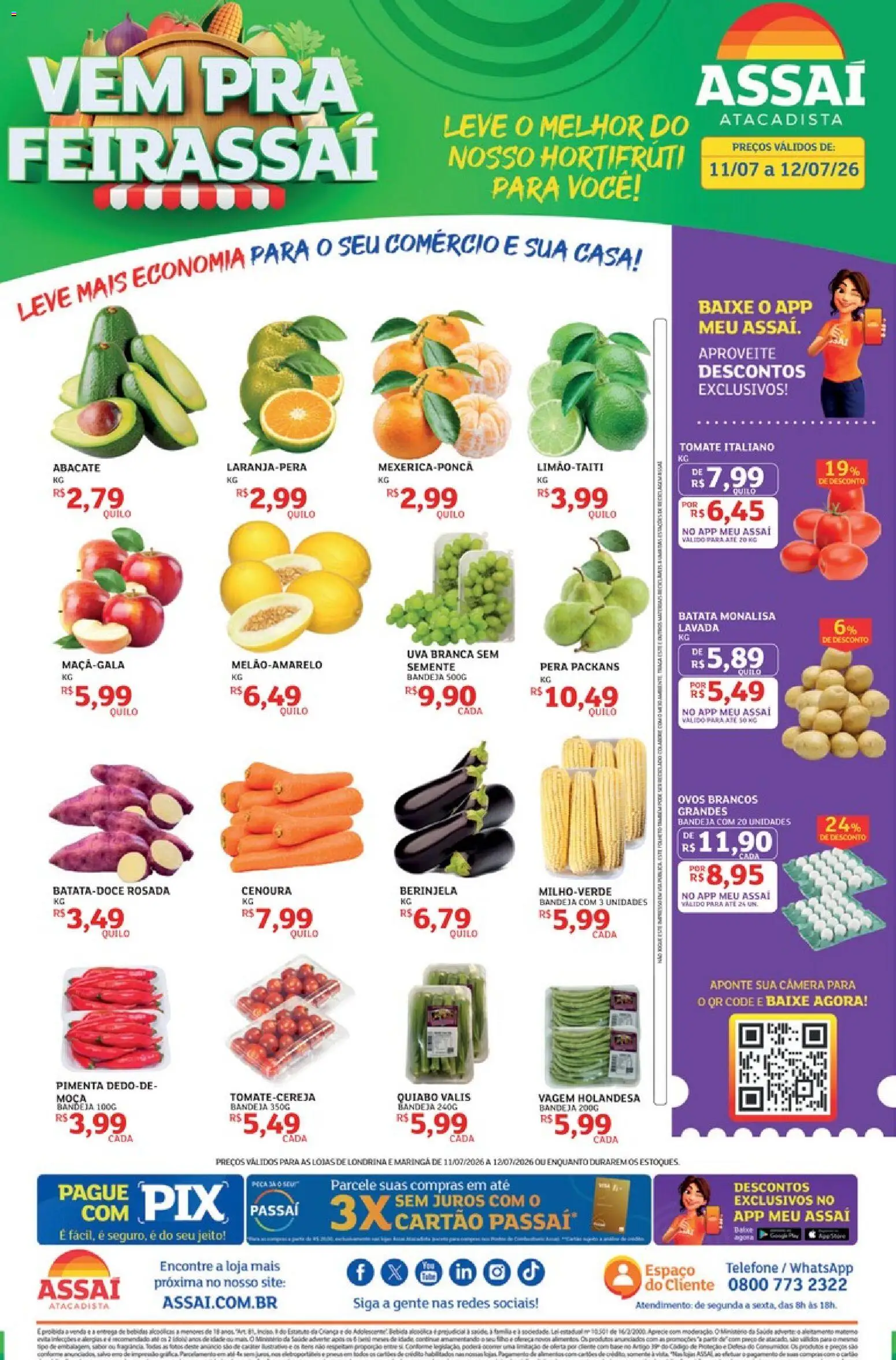 Pré-Visualização do folheto "Assaí Atacadista ofertas - PR" da loja Assaí Atacadista válido a partir de 11/07/2026 - Telefone, Uva, Ovos, Pera, Cenoura, Berinjela, Vagem, Bandeja