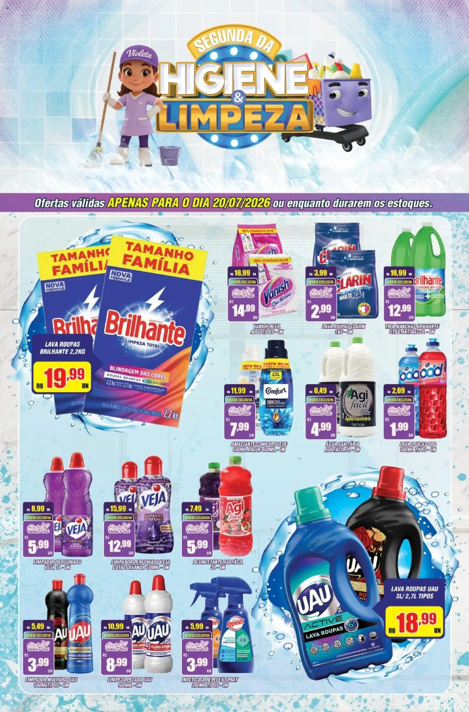 Pré-Visualização do folheto "Violeta Supermercados - Ofertas da semana" da loja Violeta Supermercados válido a partir de 20/07/2026 - Perfume, Água, Roupas, Vanish, Amaciante, Pó, Inseticida, Cloro