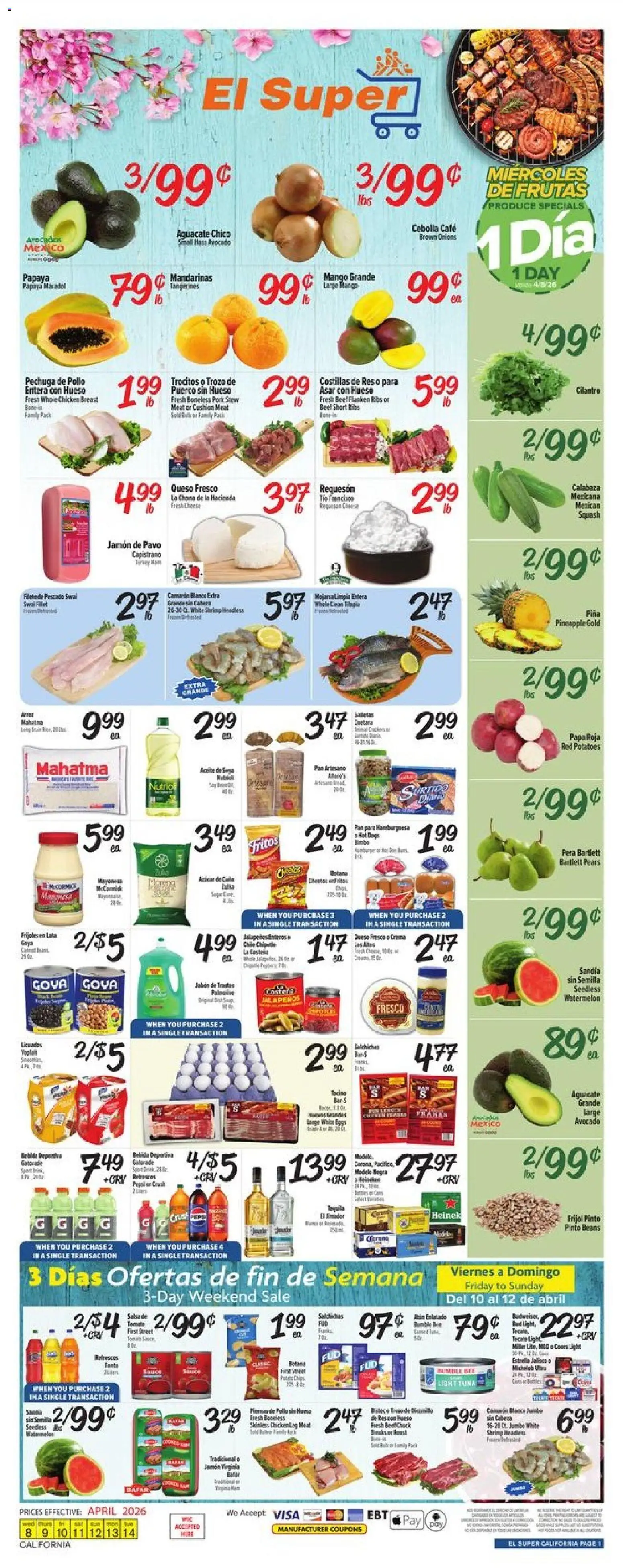 Ad Preview of El Super El Super Weekly Ad from 04/08/2026 - Mango, Hot Dogs, Avocado, Ham, Pork, Tangerines, Pears, Cushion