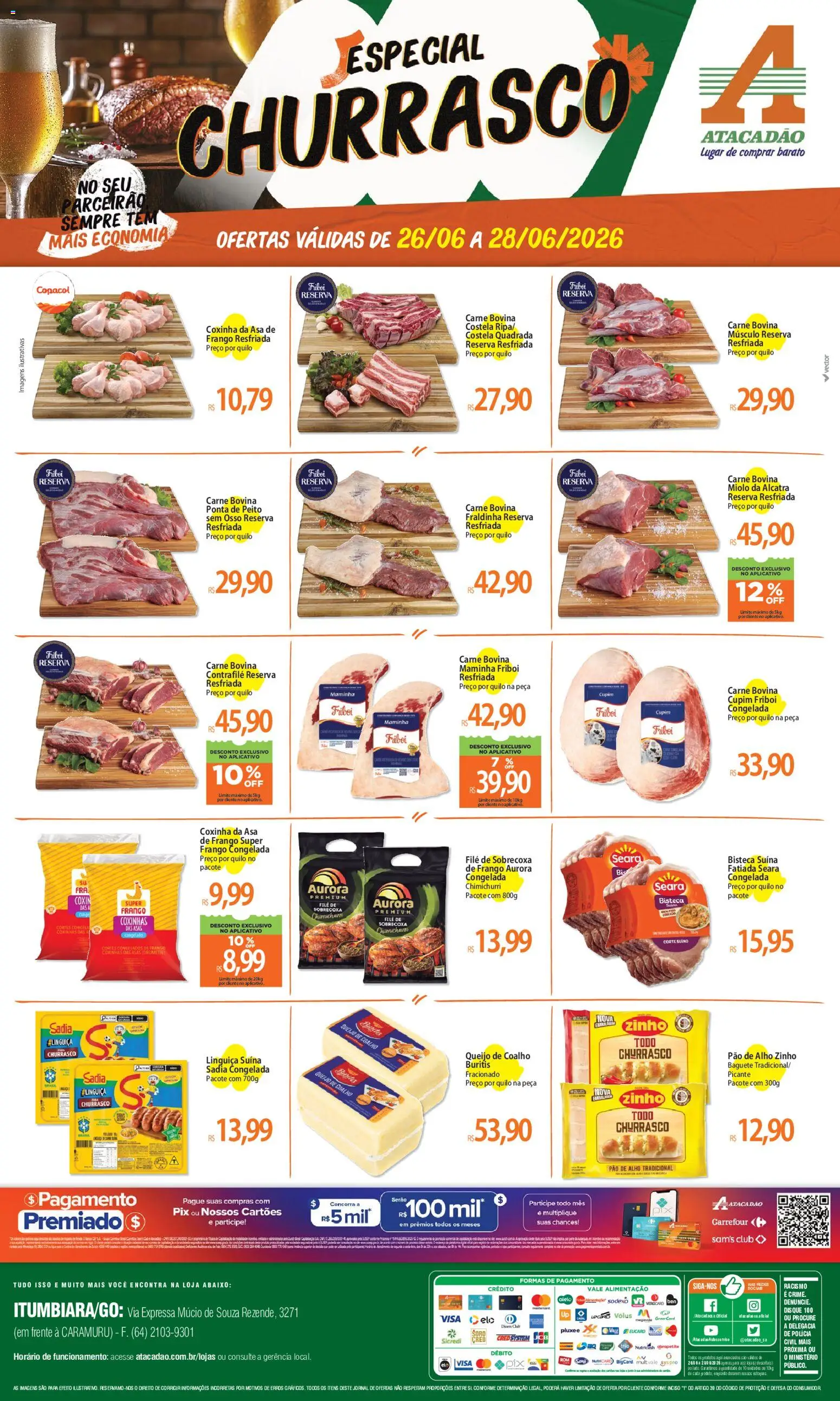 Pré-Visualização do folheto "Atacadão ofertas - GO" da loja Atacadão válido a partir de 26/06/2026 - Queijo, Carne, Frango, Fraldinha, Alho, Carne bovina, Baguete, Maminha