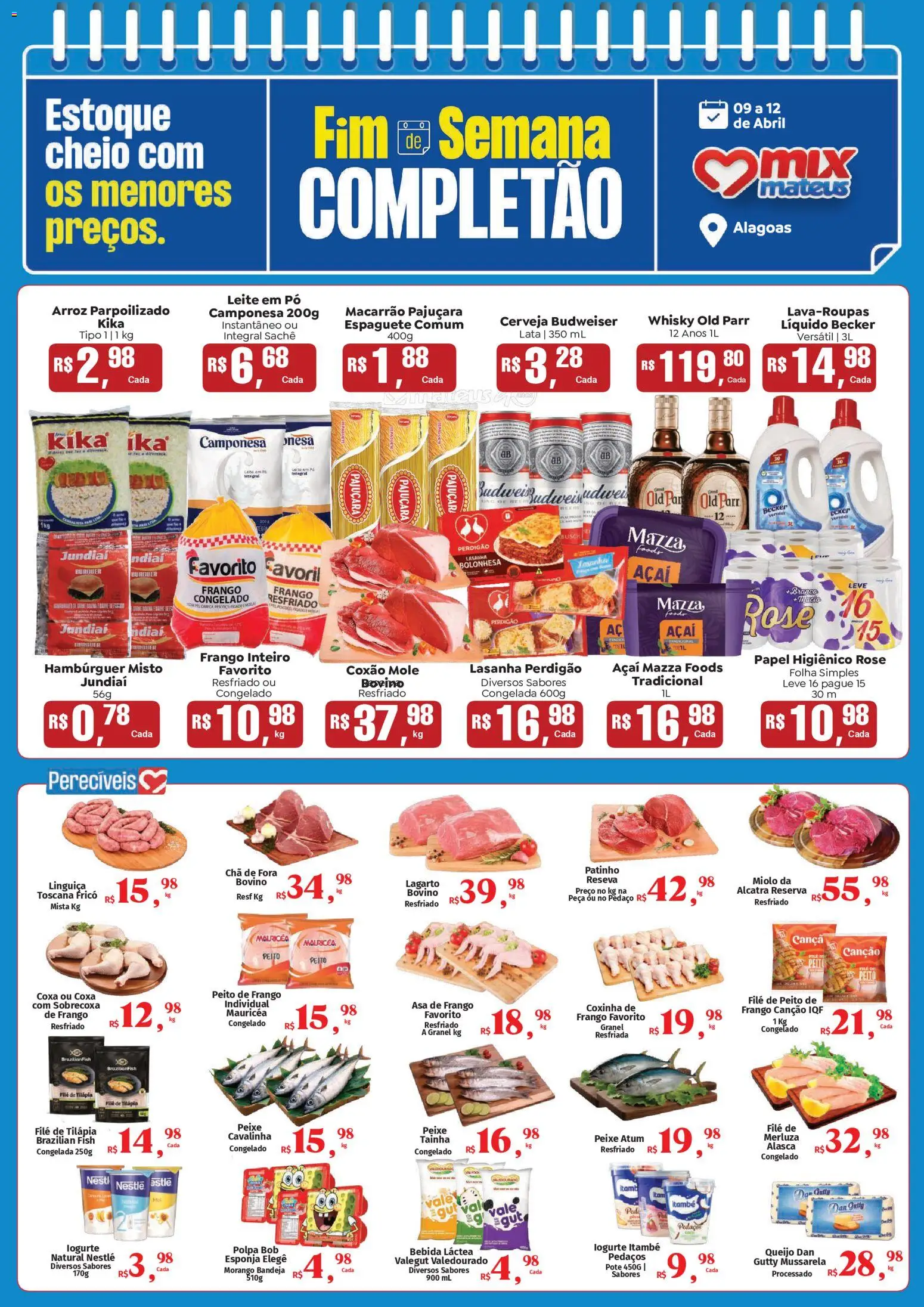 Pré-Visualização do folheto "Mateus ofertas Fds Completão" da loja Mateus válido a partir de 09/04/2026 - Açaí, Bebida, Mussarela, Fígado, Atum, Filé de tilápia, Espaguete, Coxão mole