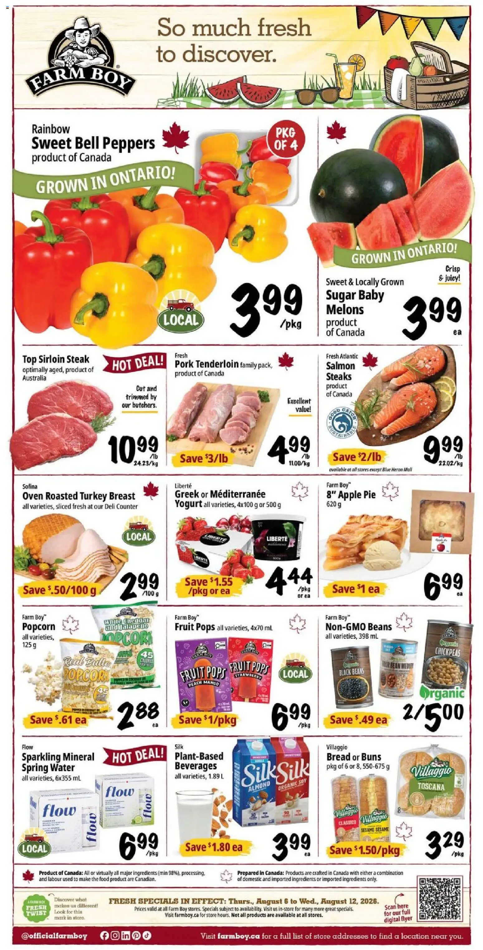 Preview of leaflet Farm Boy weekly flyer / circulaire from shop Farm Boy is valid from Aug 06, 2026 - Turkey, Bread, Salmon, Popcorn, Yogurt, Pork tenderloin, Ingredients, Turkey breast