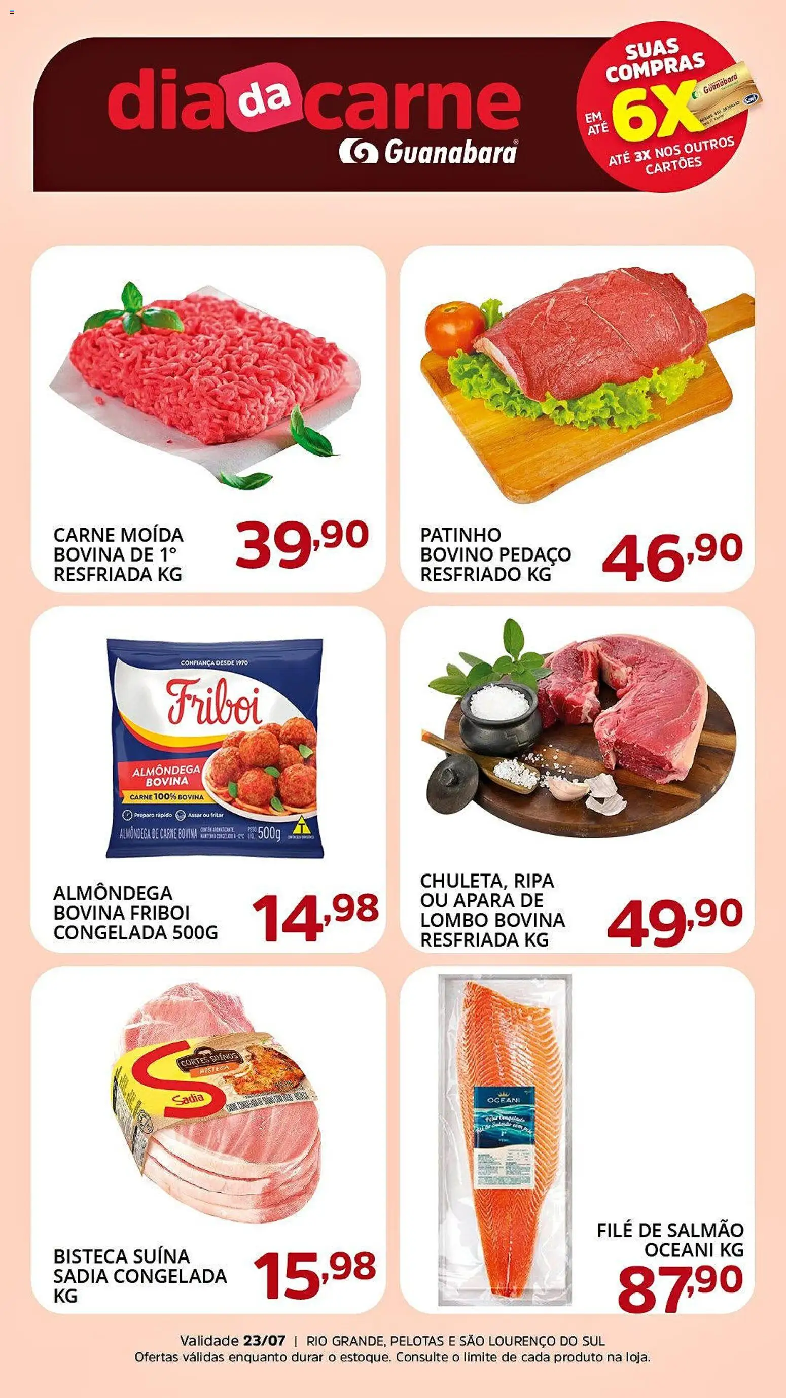 Pré-Visualização do folheto "Supermercado Guanabara - Ofertas da semana" da loja Supermercado Guanabara válido a partir de 23/07/2026 - Carne, Salmão, Carne moída, Carne bovina, Lombo, Filé de salmão