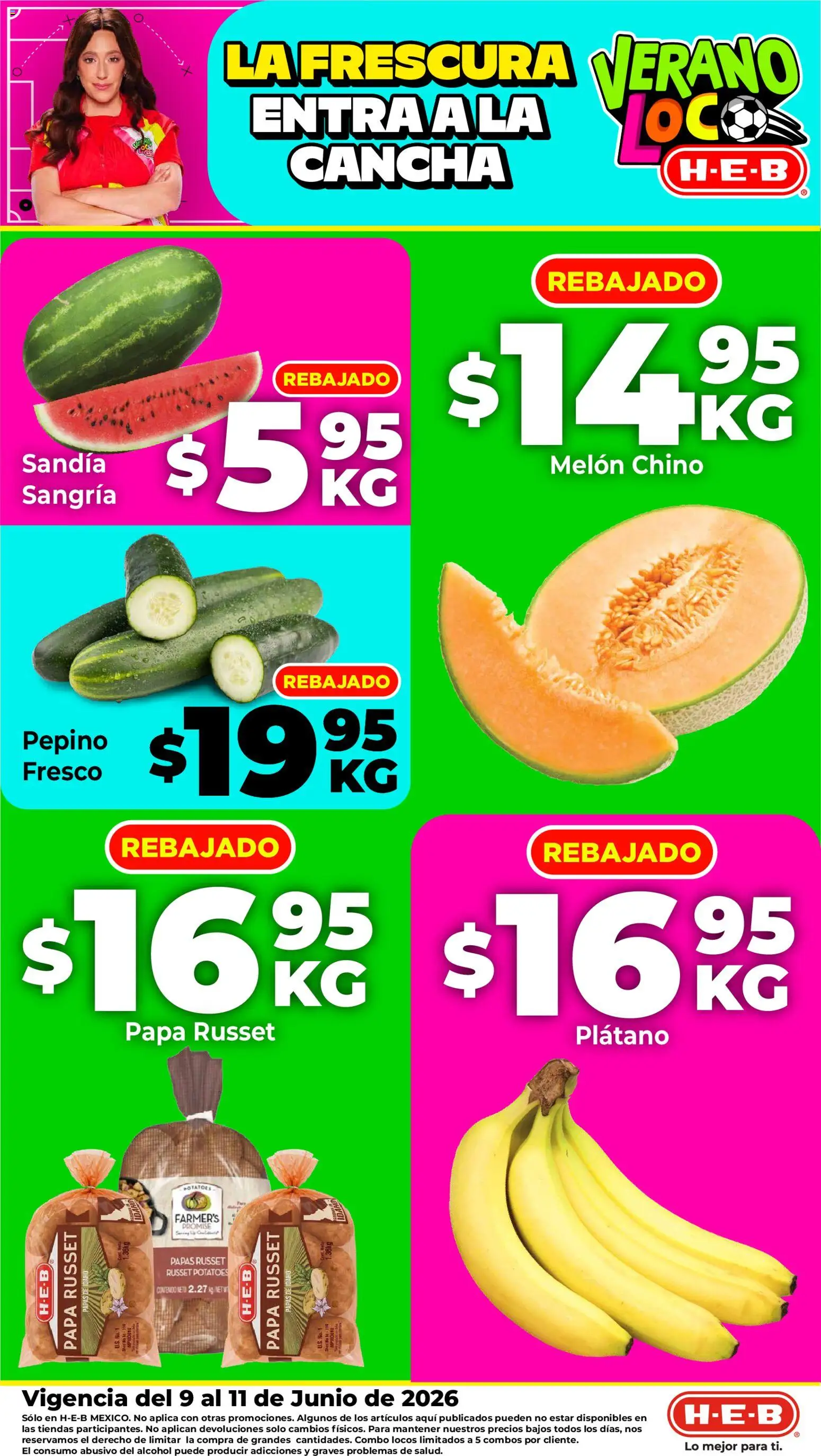 Vista previa las ofertas de la tienda H-E-B - H-E-B folleto Fruta y venduras desde el 09/06/2026 - Papa, Papas, Alcohol, Plátano, Sandía, Aves, Pepino, Melón