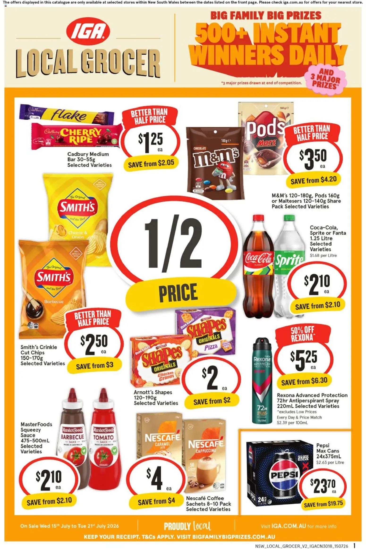 Preview of catalogue IGA Local Grocer NSW from shop IGA valid 15/07/2026 - Chocolate, Pizza, Chicken, Coca Cola, Sachets, Sprite, Onion, Fanta