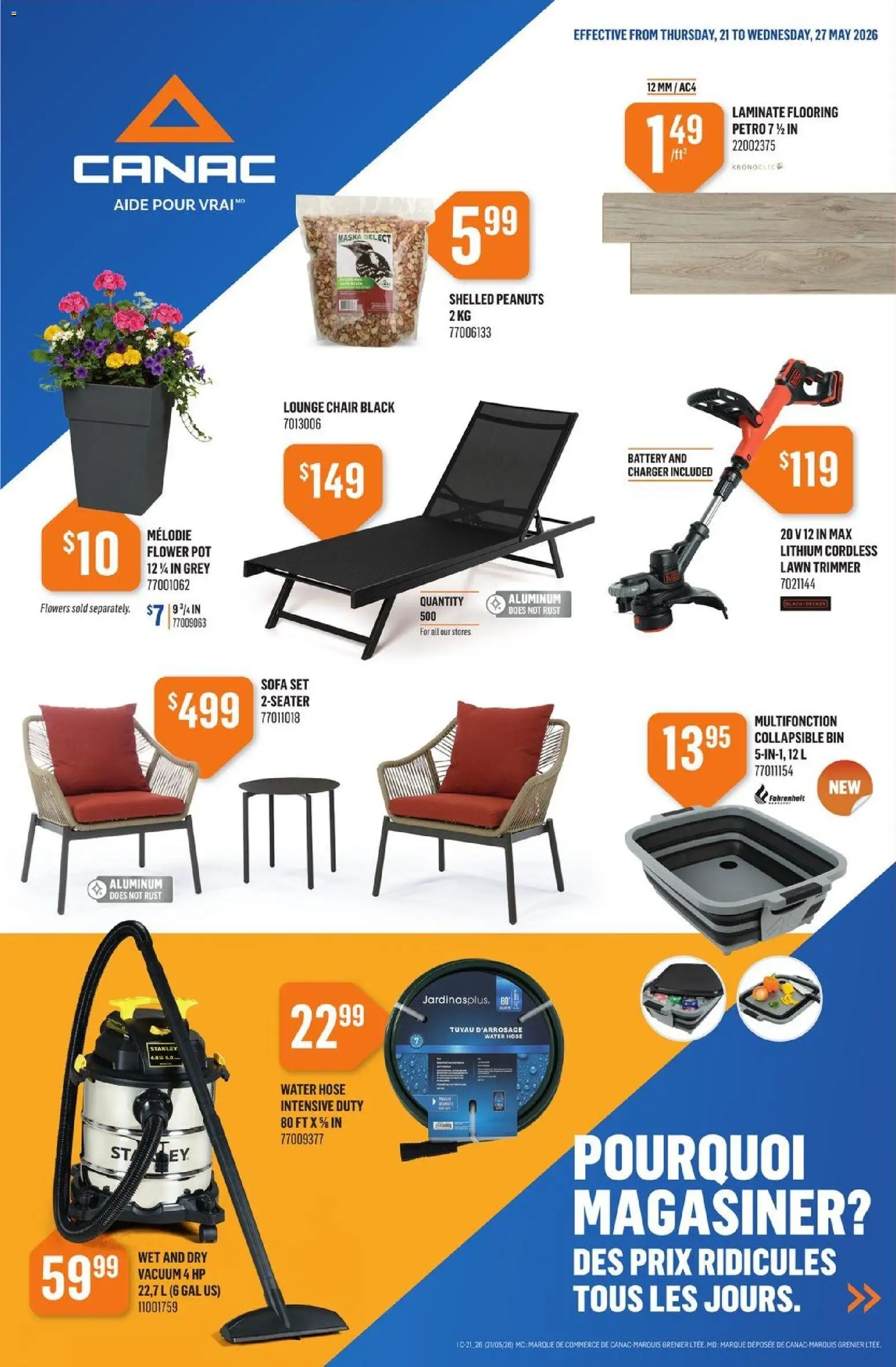 Preview of leaflet Canac weekly flyer from shop Canac is valid from May 21, 2026 - Flowers, Water, Sofa, Battery, Chair, Peanuts, Sofa set