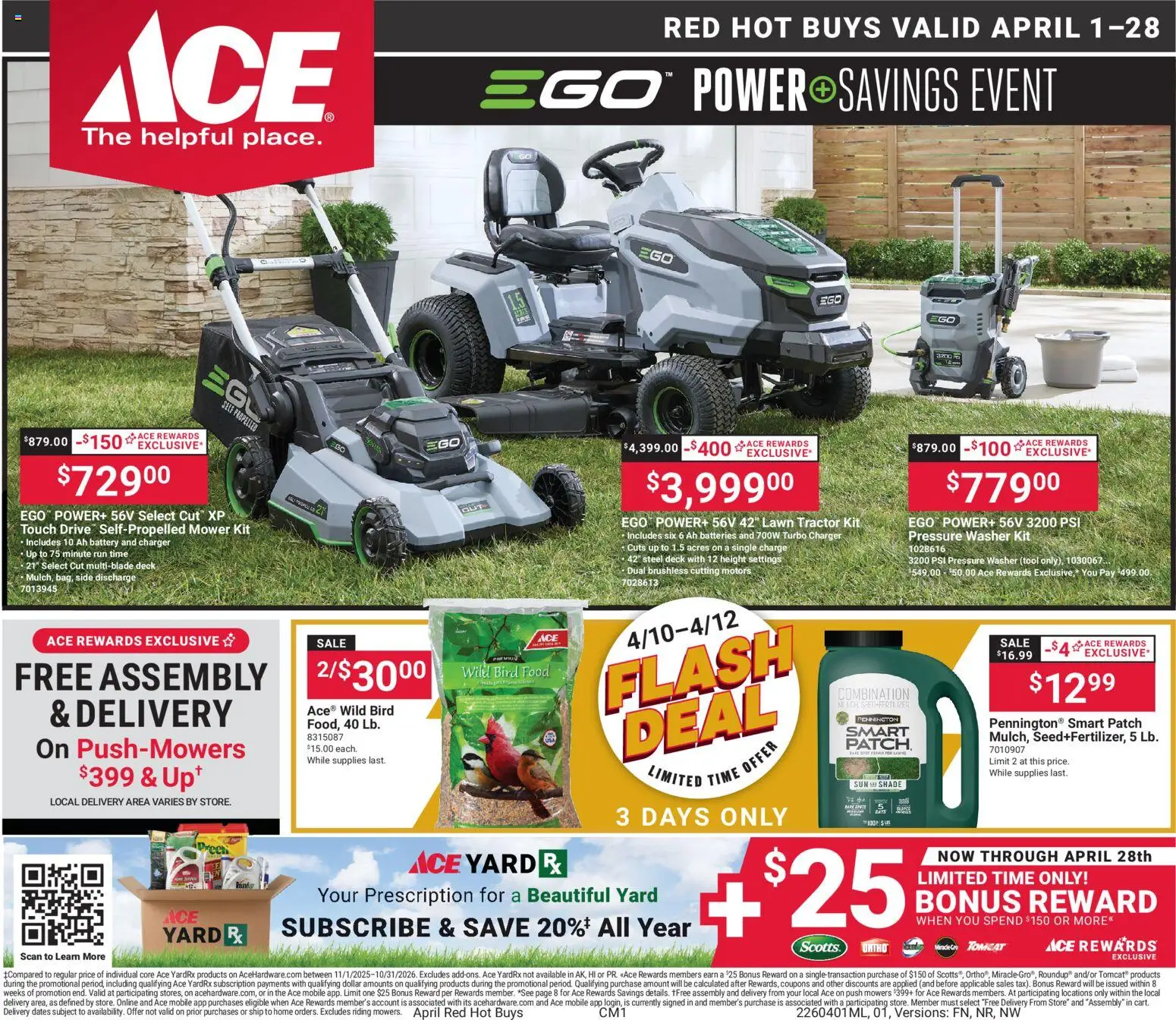 Ad Preview of ACE Hardware ACE Hardware Weekly Ad from 04/01/2026 - Charger, Pressure washer, Battery, Washer, Fertilizer, Mower