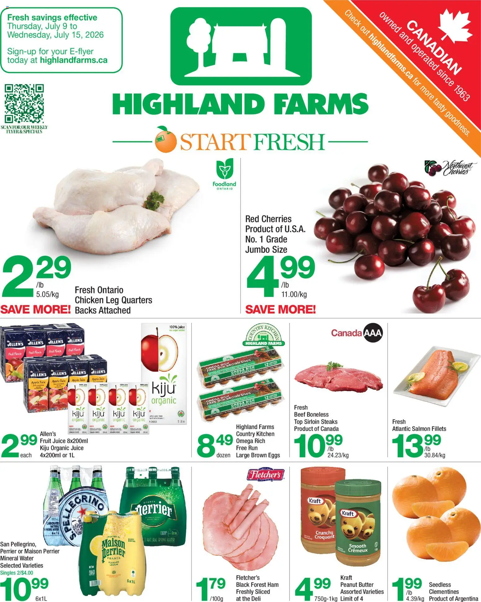 Preview of leaflet Highland Farms weekly flyer / circulaire from shop Highland Farms is valid from Jul 09, 2026 - Water, Omega, Juice, Butter, Beef, Peanut butter, Ham, Mineral water