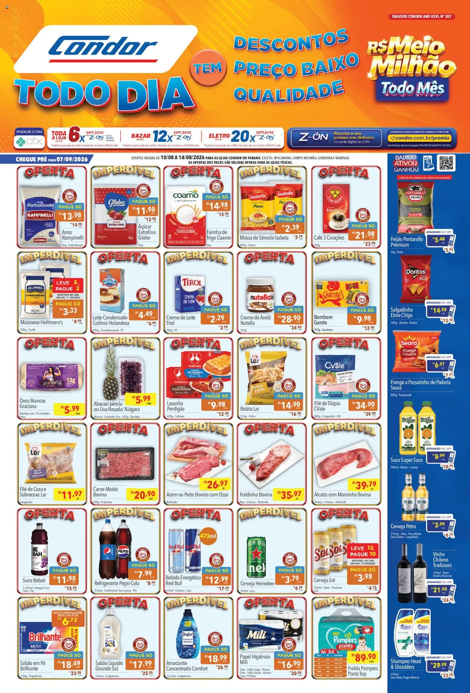Pré-Visualização do folheto "Supermercados Condor - Ofertas da semana" da loja Supermercados Condor válido a partir de 10/08/2026 - Café, Lasanha, Carne, Creme de leite, Pampers, Papel higiênico, Pepsi, Acém