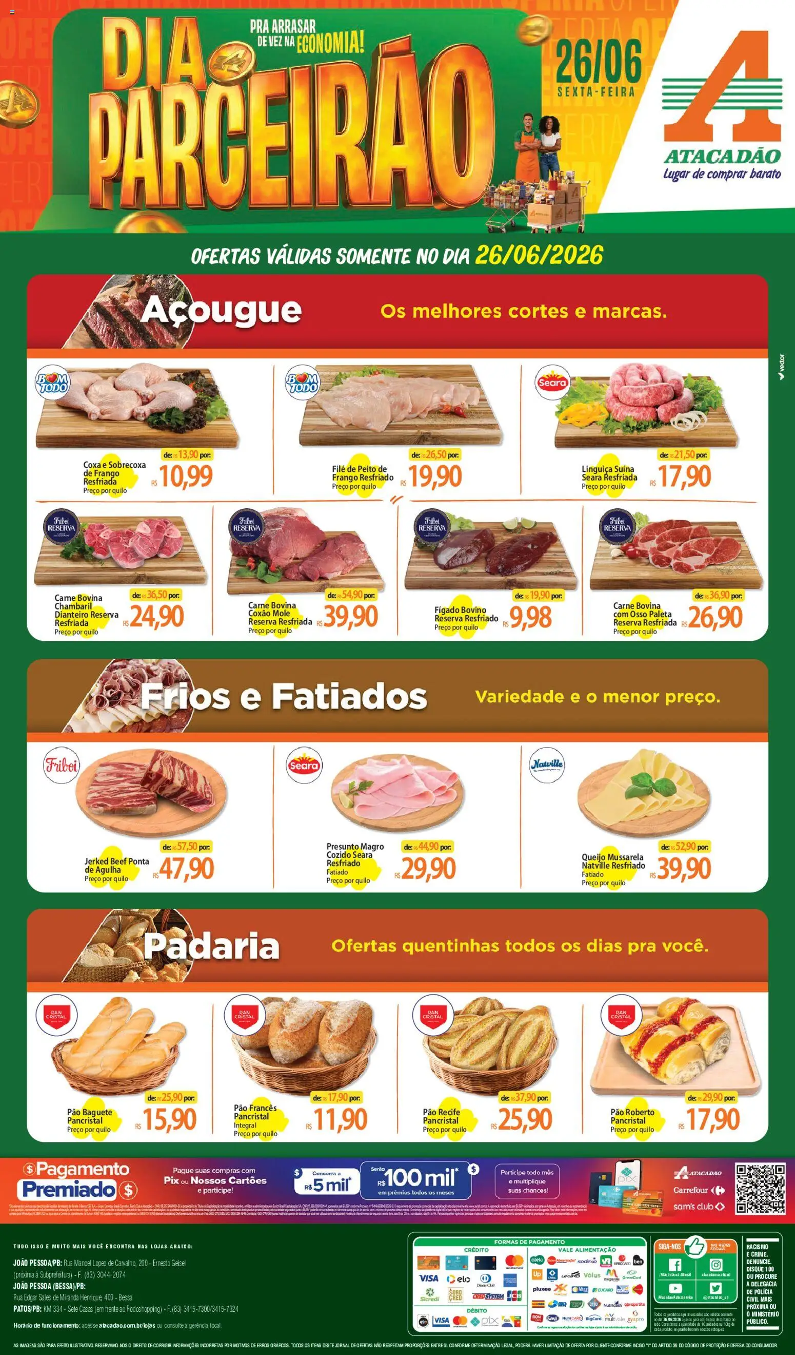 Pré-Visualização do folheto "Atacadão ofertas - PB" da loja Atacadão válido a partir de 26/06/2026 - Frango, Mussarela, Fígado, Linguiça, Presunto, Carne bovina, Baguete, Coxão mole