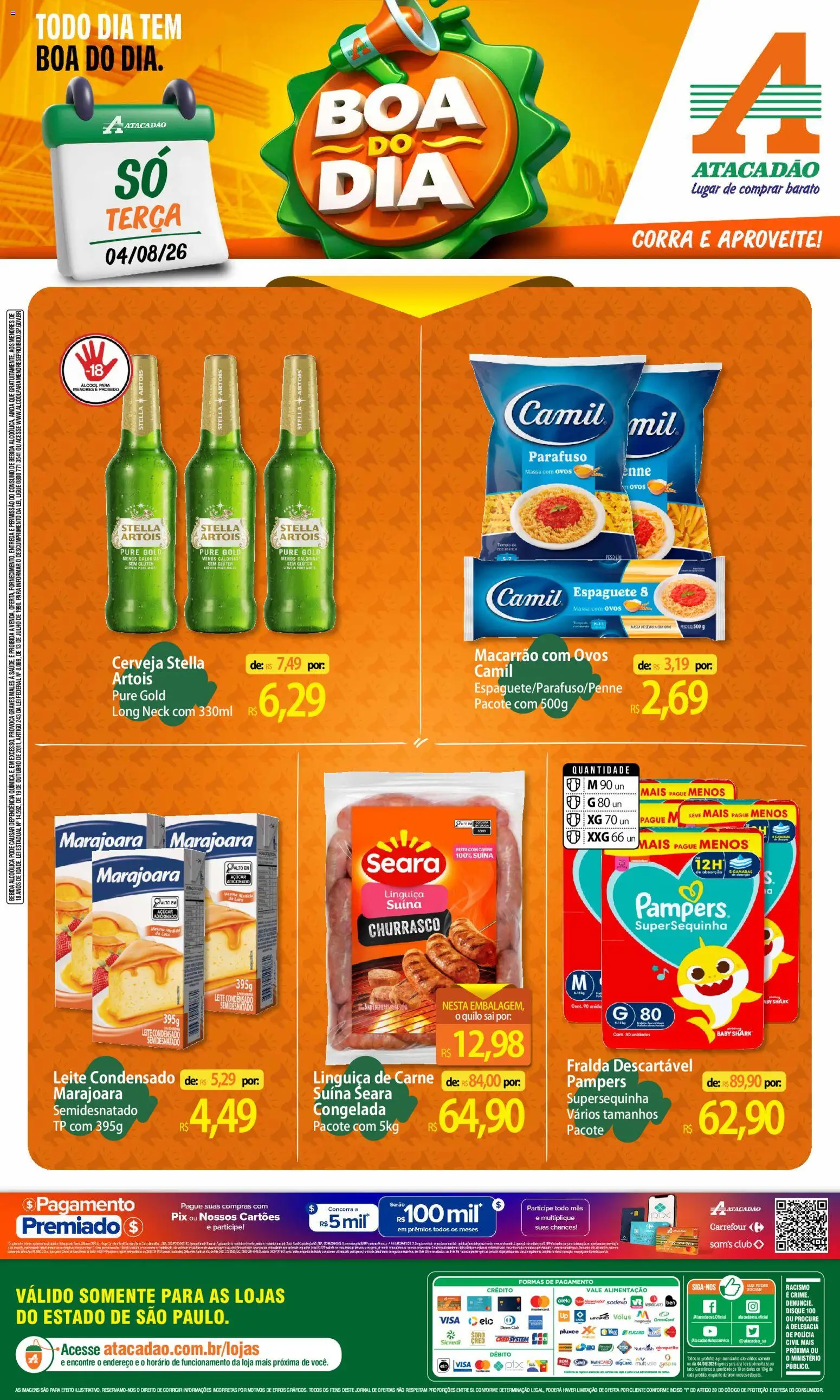 Pré-Visualização do folheto "Atacadão ofertas - SP" da loja Atacadão válido a partir de 04/08/2026 - Cerveja, Macarrão, Ovos, Bebida, Leite, Carne, Linguiça, Espaguete